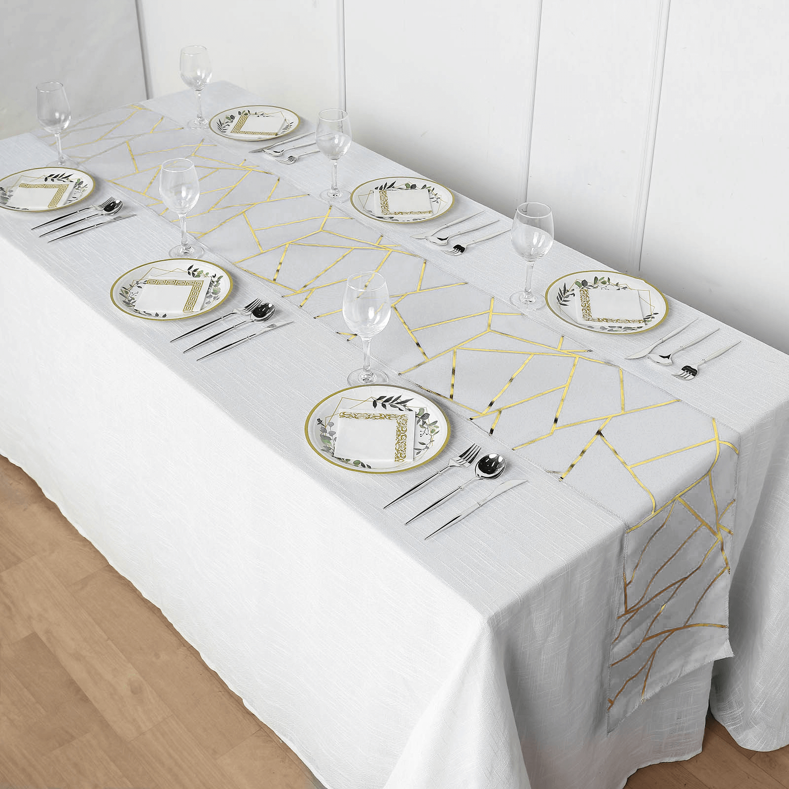 9ft Silver Gold Foil Geometric Pattern Polyester Table Runner