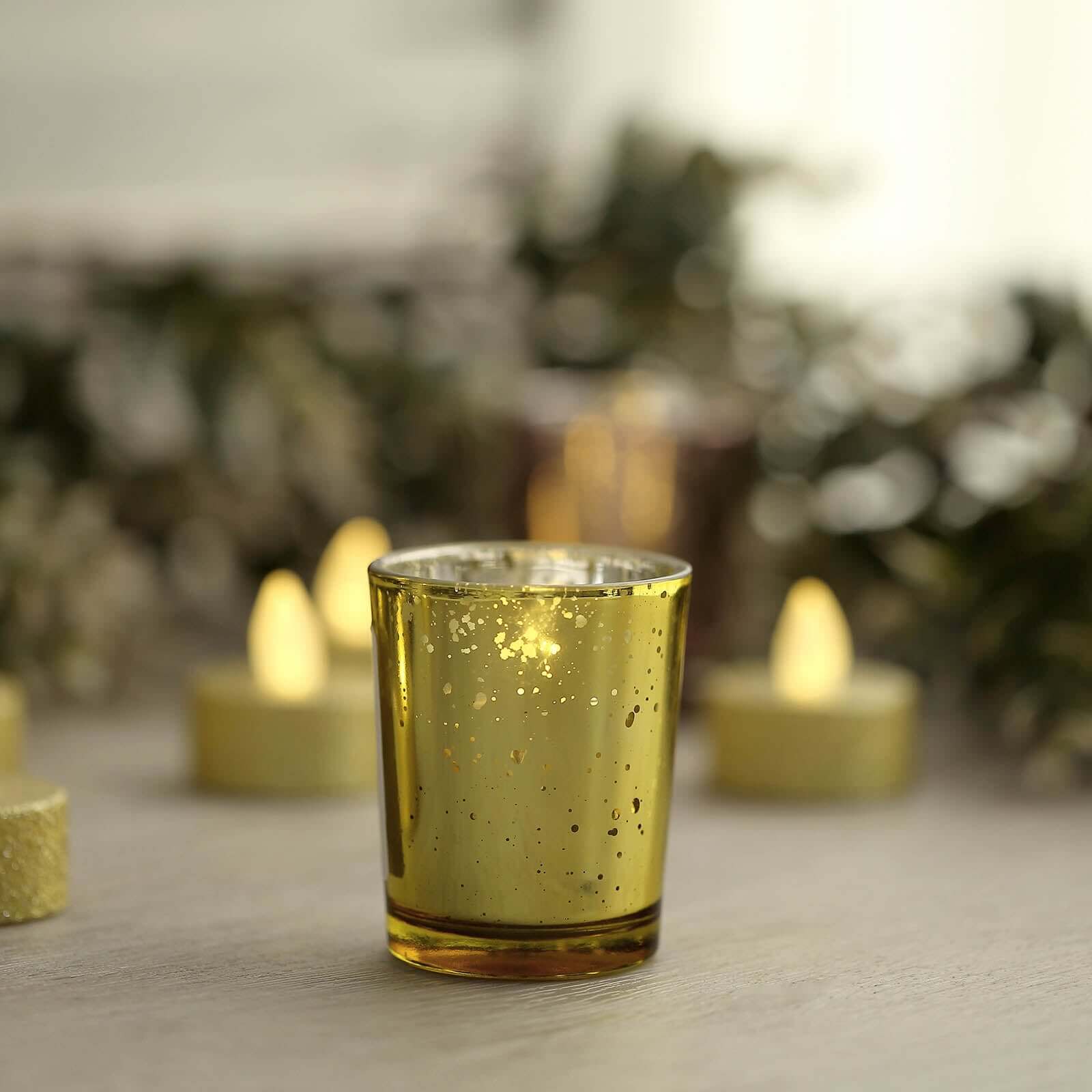 12-Pack Mercury Glass Candle Holders Gold with Speckled Design - Votive Tealight Holders 2"