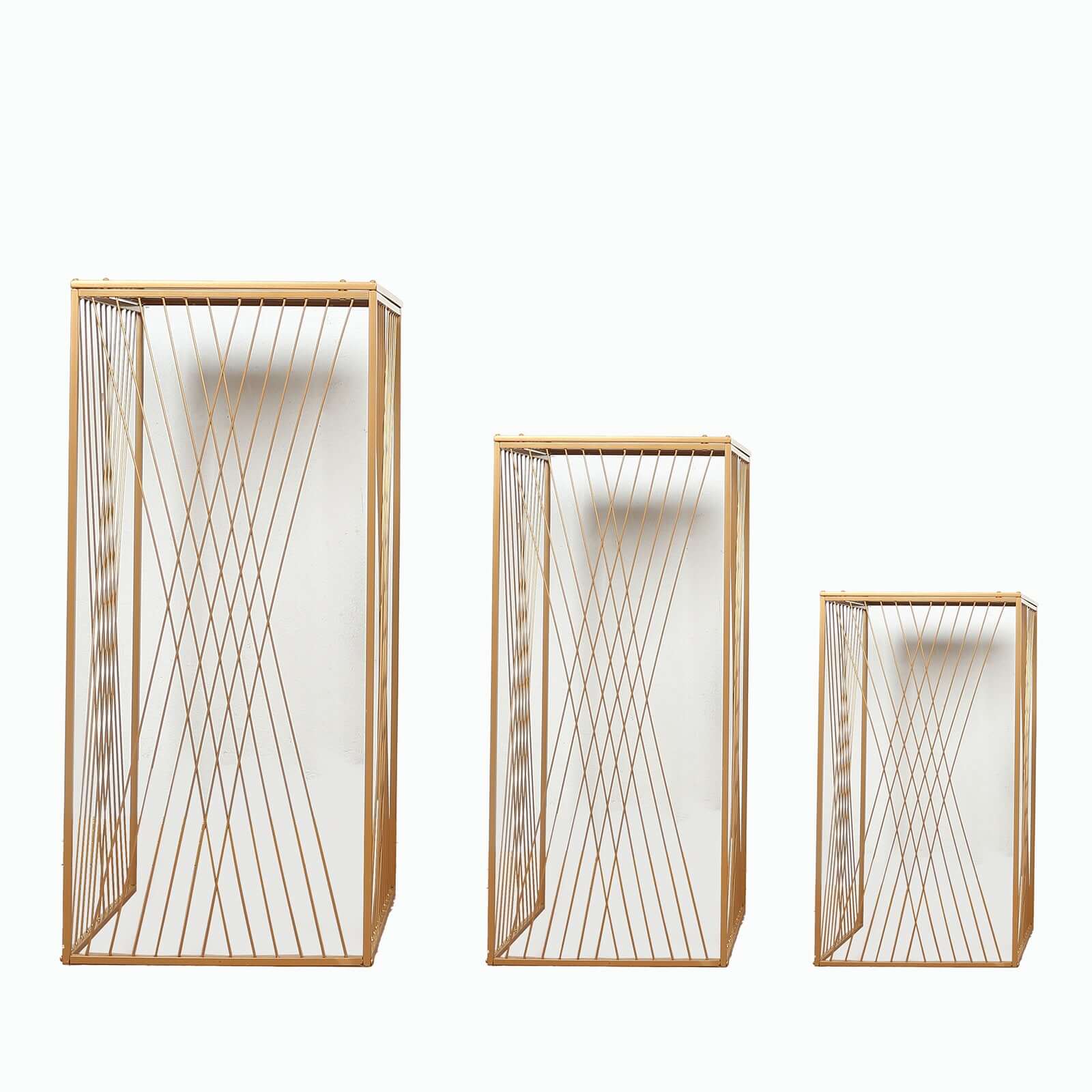 Set of 3 Gold Metal Rectangular Plant Stands with Geometric Crossed Lines Pattern, Nesting Cake Dessert Tables Floral Display Stands - 19",27",35"