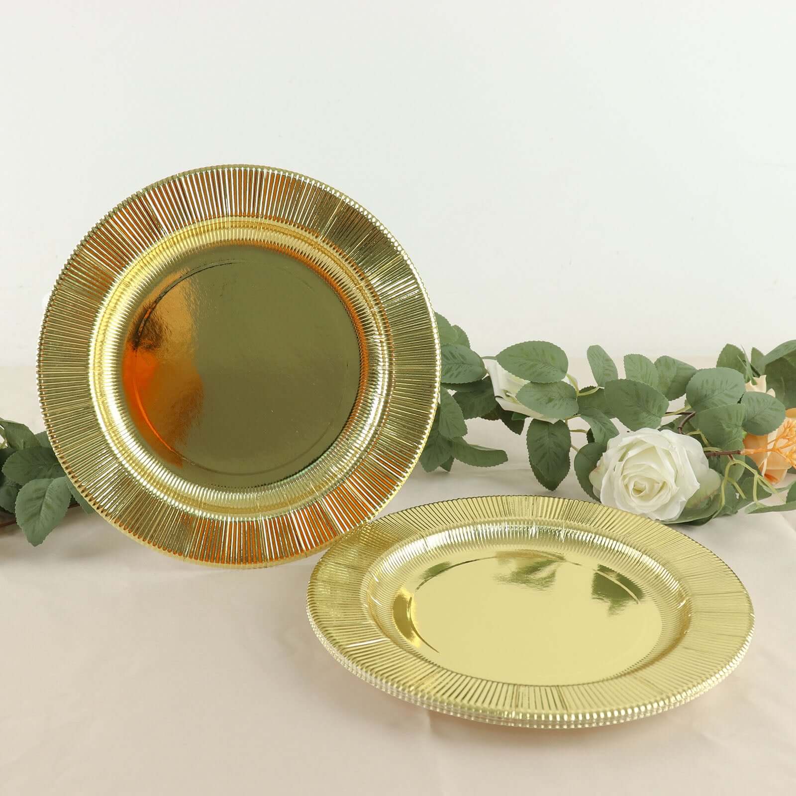 25-Pack Paper 8" Round Dessert Plates in Metallic Gold Sunray Design - Disposable Heavy Duty 350GSM Appetizer Salad Plates
