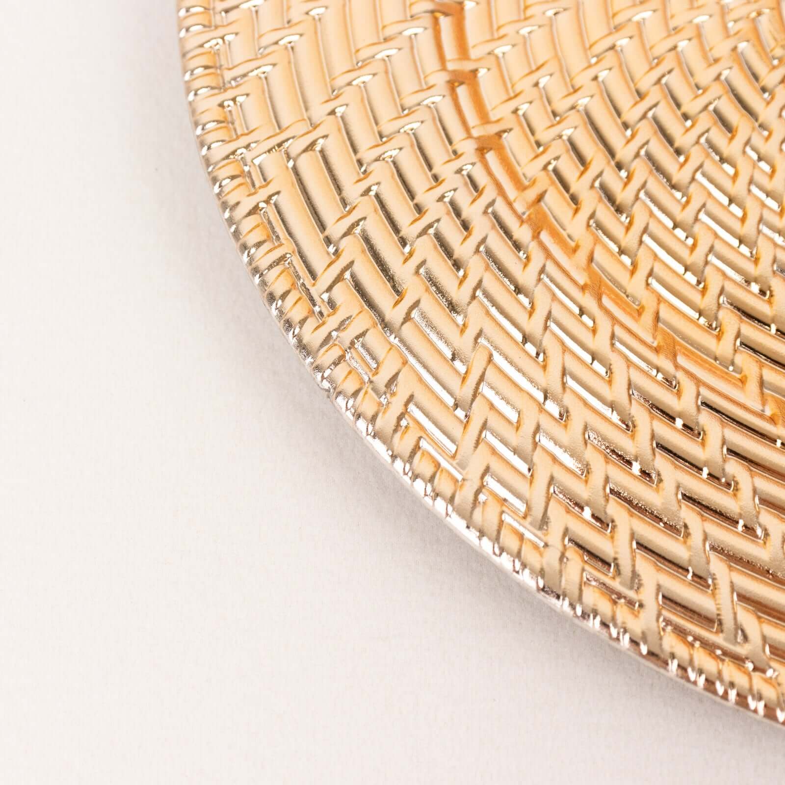 6-Pack Acrylic Round Charger Plates 13" in Metallic Gold with Swirl Rattan Pattern, Farmhouse Plastic Charger Tableware