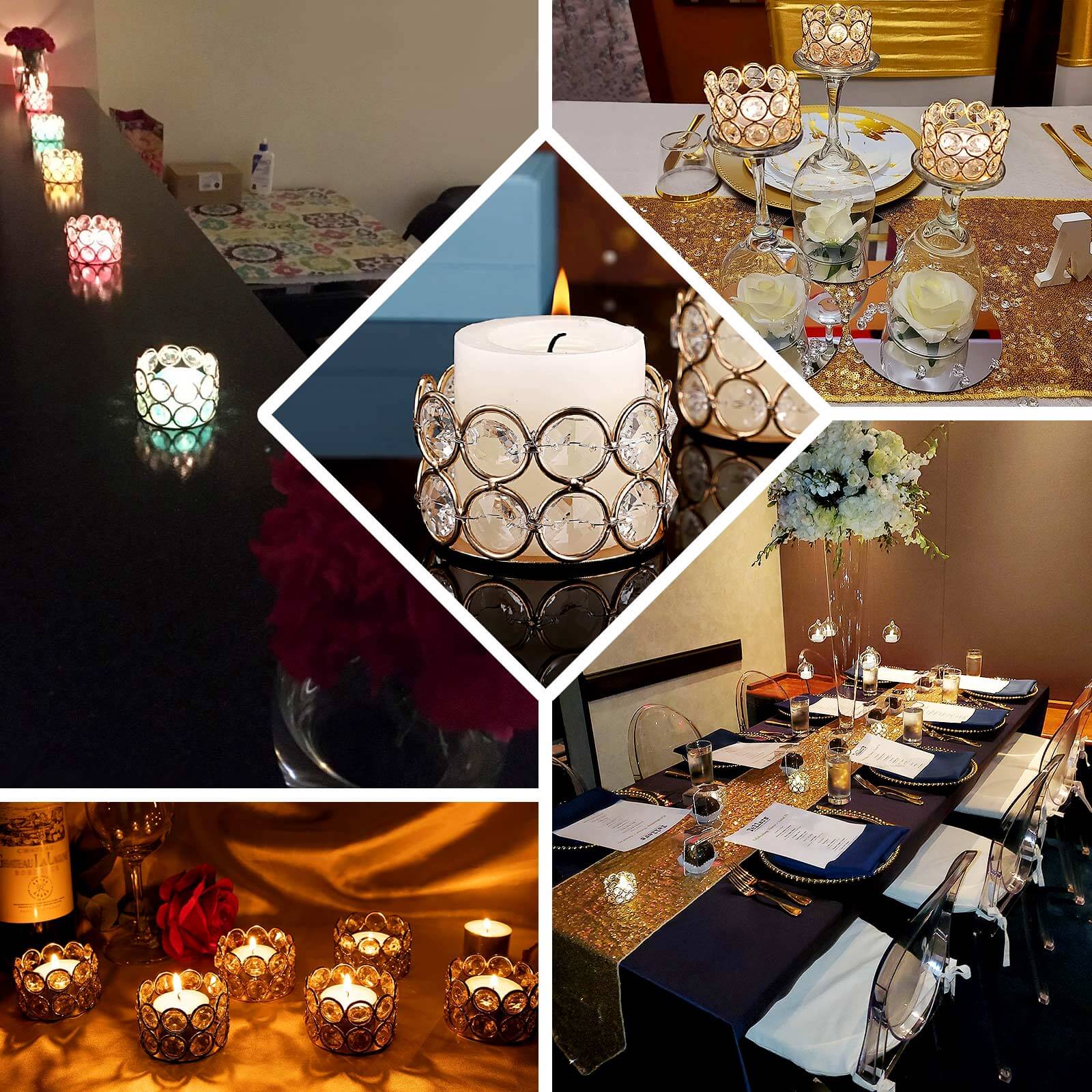 6-Pack Crystal Beaded Tea Light Candle Holders Gold Metal 1.5" - Stylish Votive Candle Stands for Weddings
