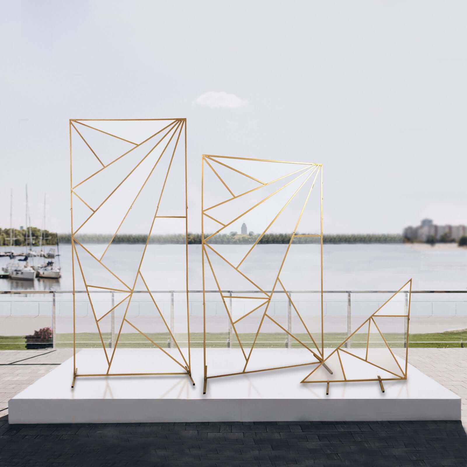 3ft Tall Gold Metal Triangular Geometric Flower Frame Prop Stand, Wedding Backdrop Floor Stand With Cloudy Film Insert