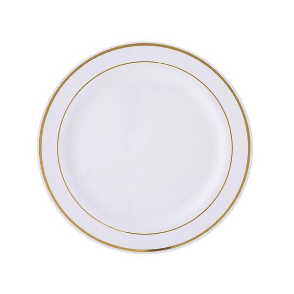 10-Pack Plastic Dessert Plates White with Très Chic Gold Rim - Disposable Plates for Appetizers 6"