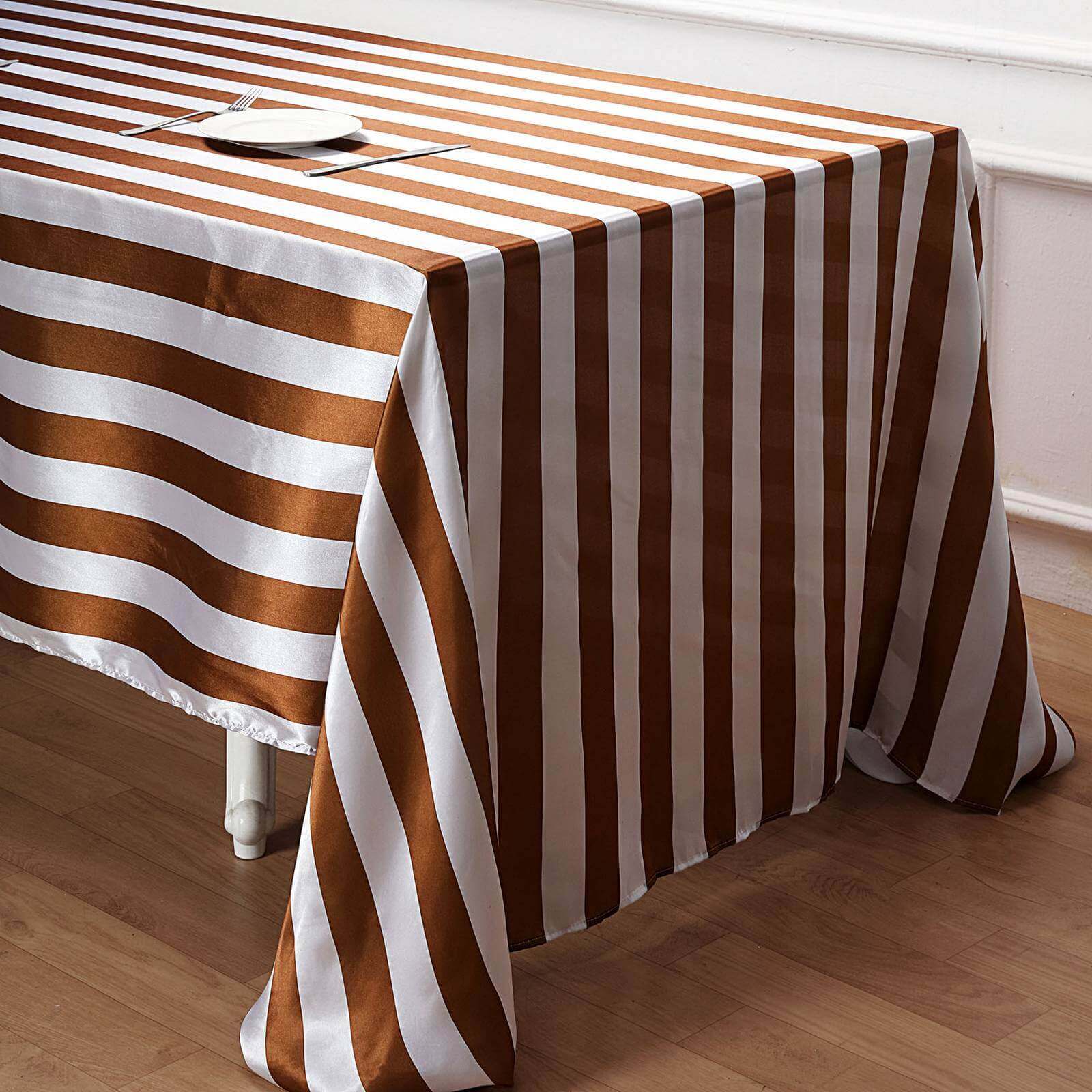 Satin 90"x156" Rectangle Tablecloth Gold/White - Stripe Design with Seamless Finish Table Cover