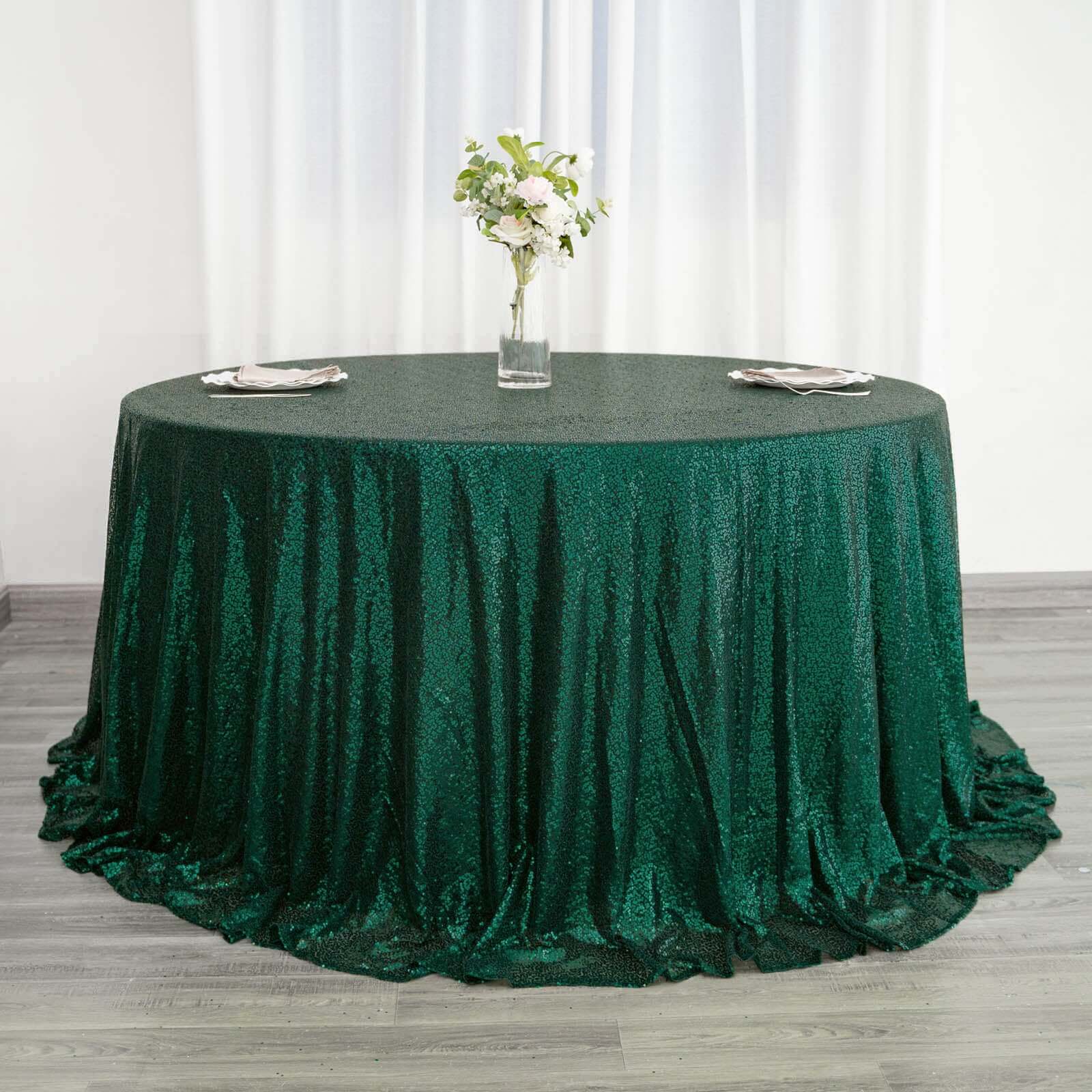 Sequin 132" Round Tablecloth Hunter Emerald Green - Seamless Dazzling Table Cover