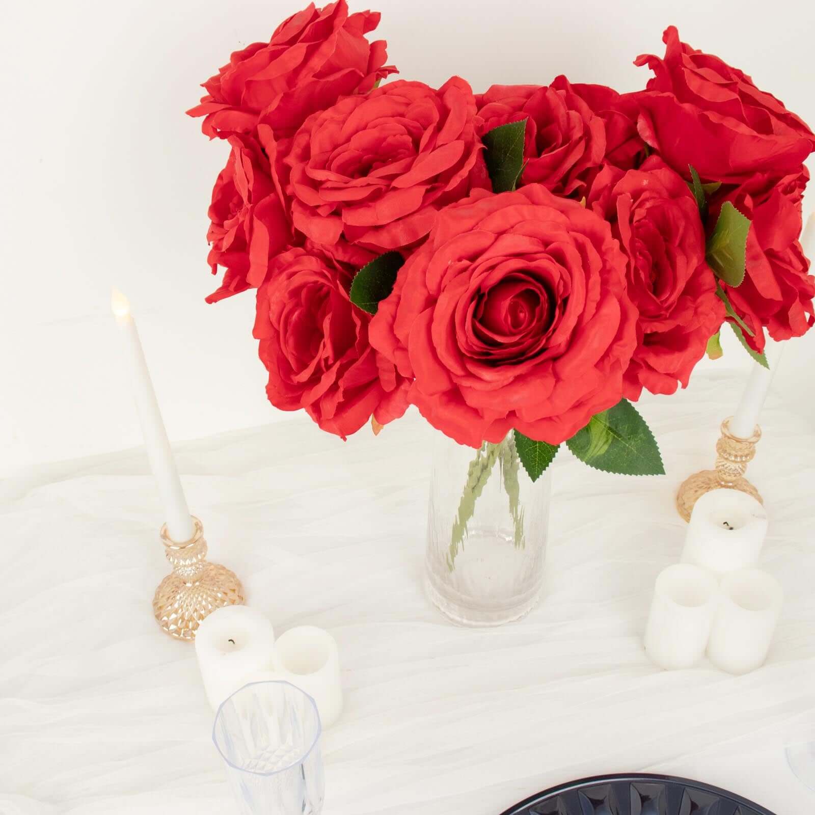 2 Bushes 17" Red Premium Silk Jumbo Rose Flower Bouquet, High Quality Artificial Wedding Floral Arrangements