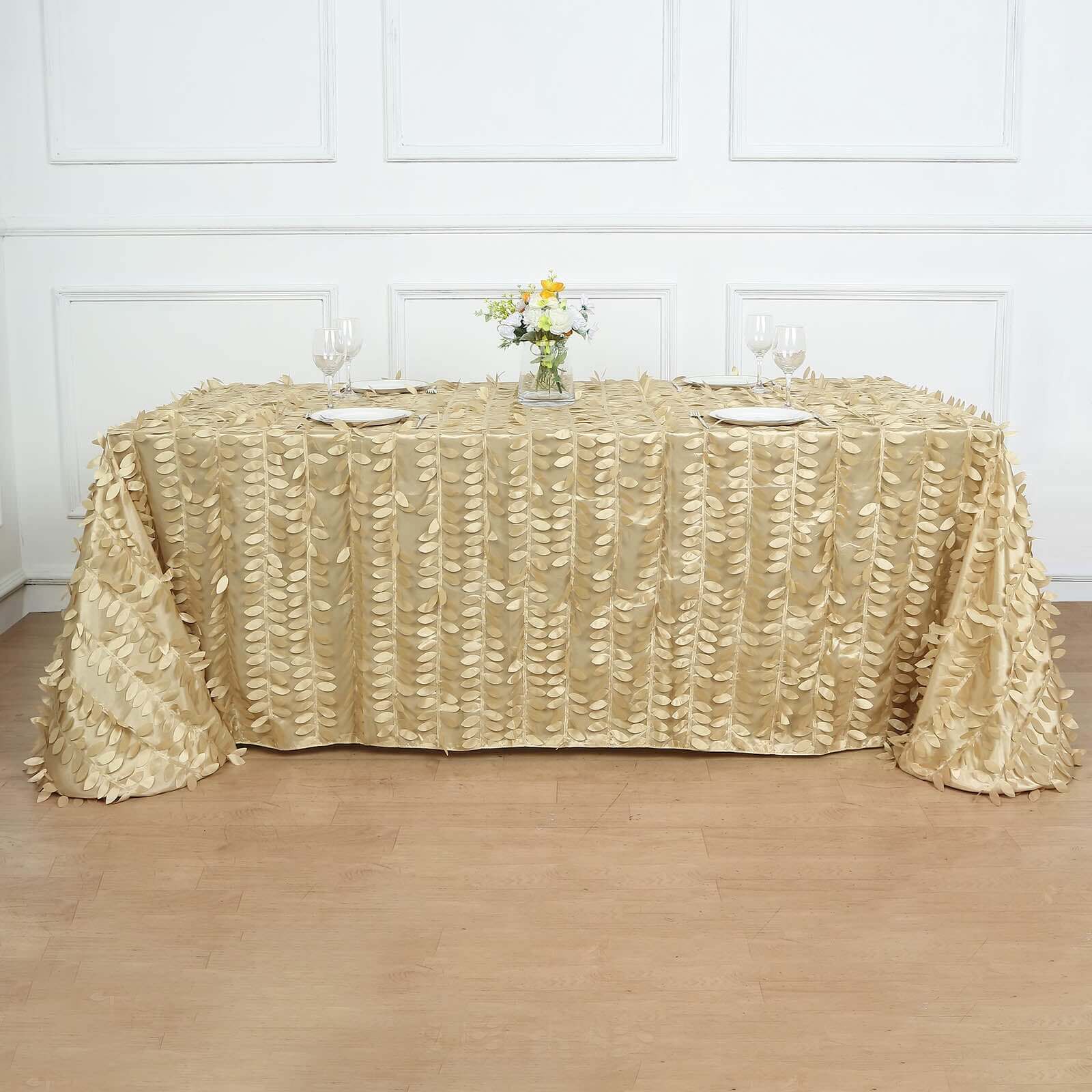 Taffeta 90"x156" Rectangle Tablecloth Champagne | 3D Leaf Petal Design Seamless Table Cover