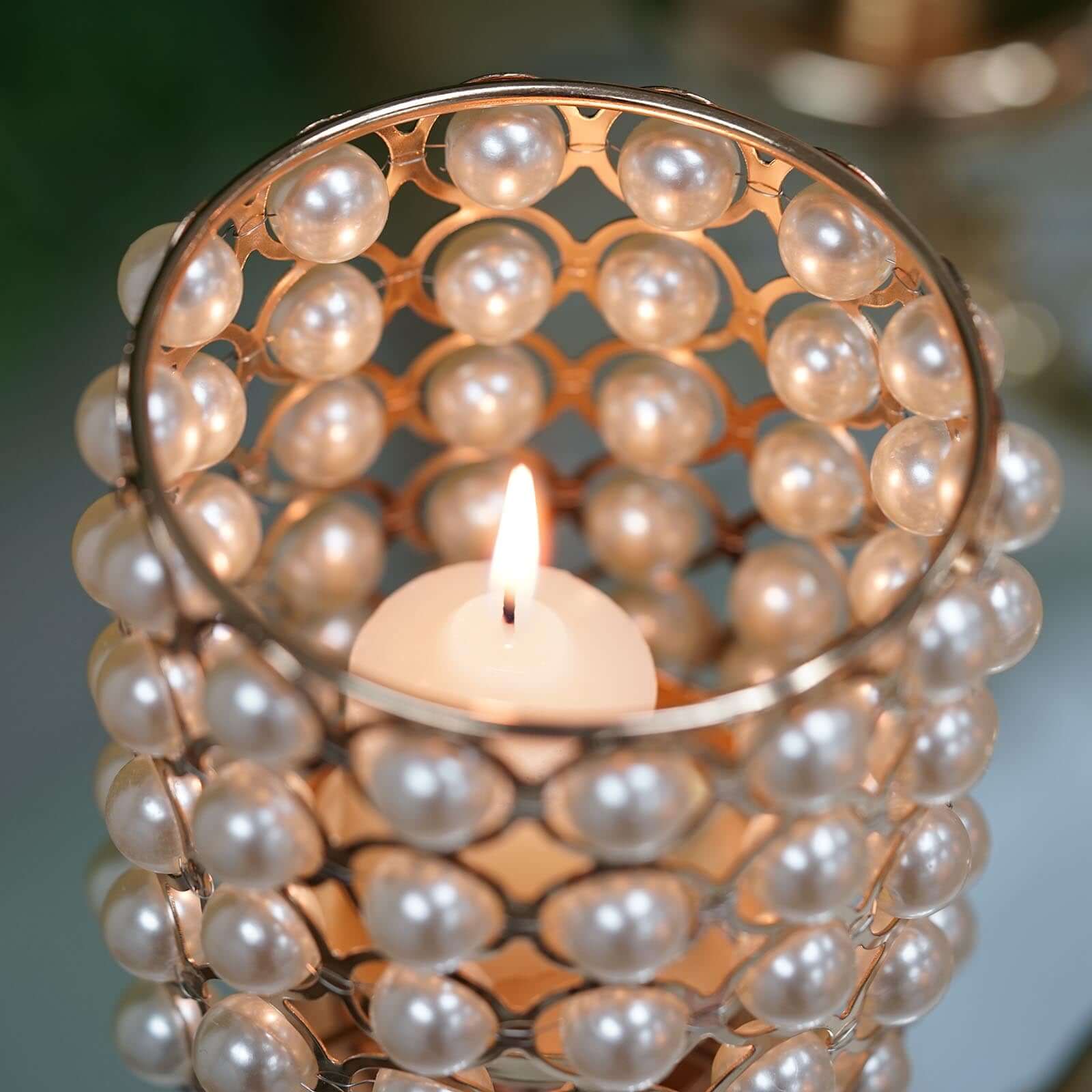 Metal Pearl Beaded Candelabra in Gold 6-Arm - Stylish Table Centerpiece with Crystal Chandelier Pendants