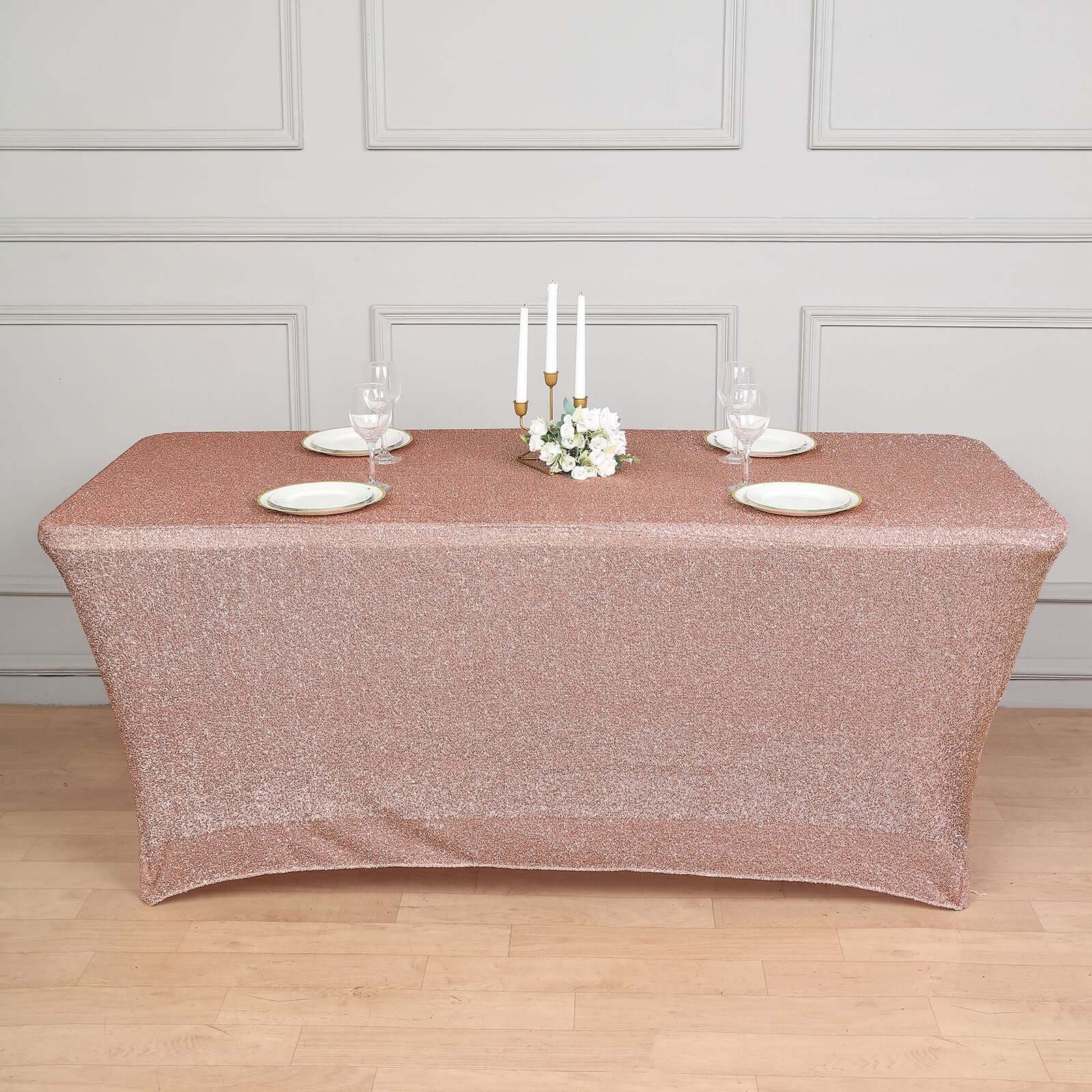Shimmer Tinsel Spandex 72"x30" Rectangle Tablecloth Metallic Rose Gold Glittered Shiny Stretch Table Cover for Gleaming Event Decor