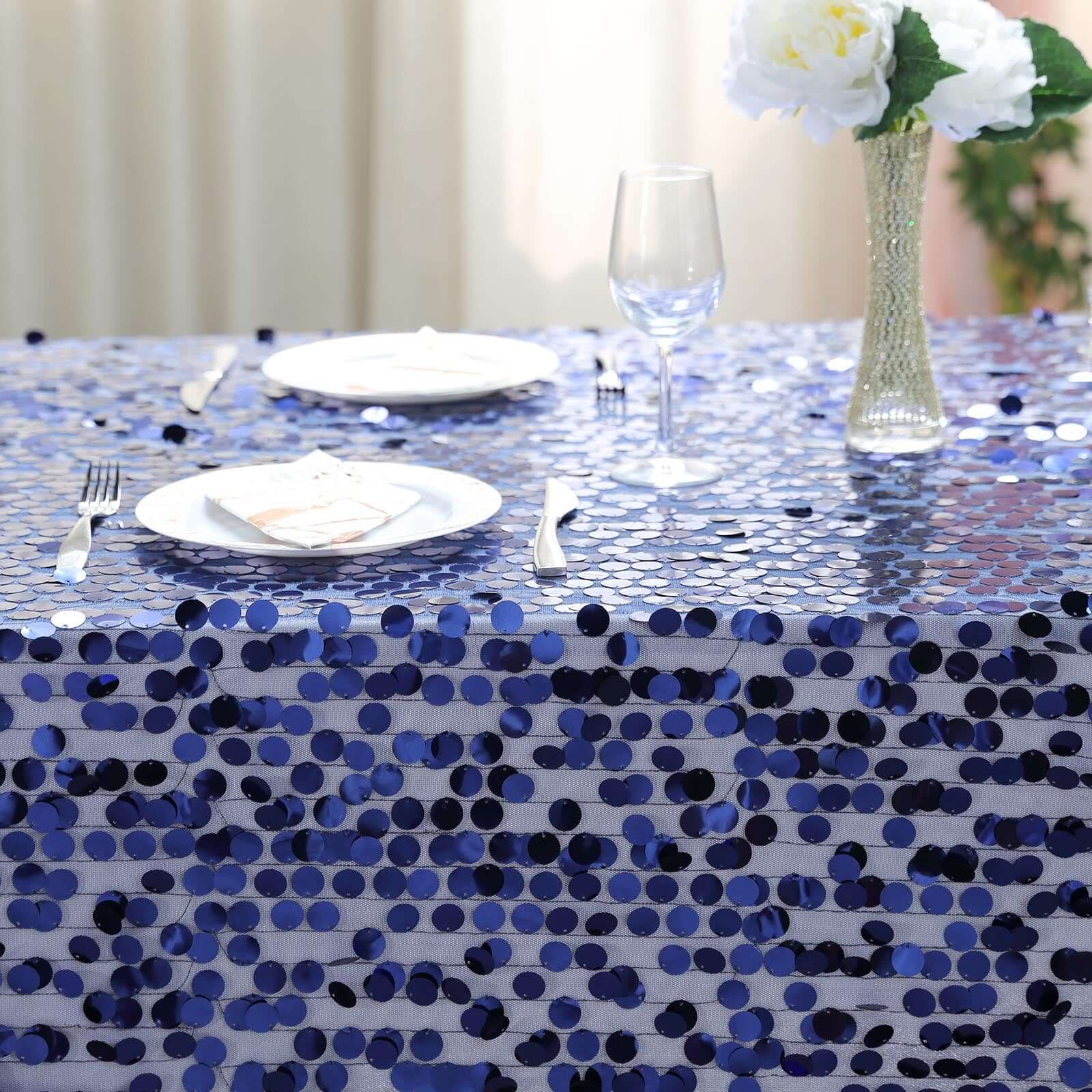Sequin 90"x132" Rectangle Tablecloth Navy Blue - Seamless Big Payette Table Cover