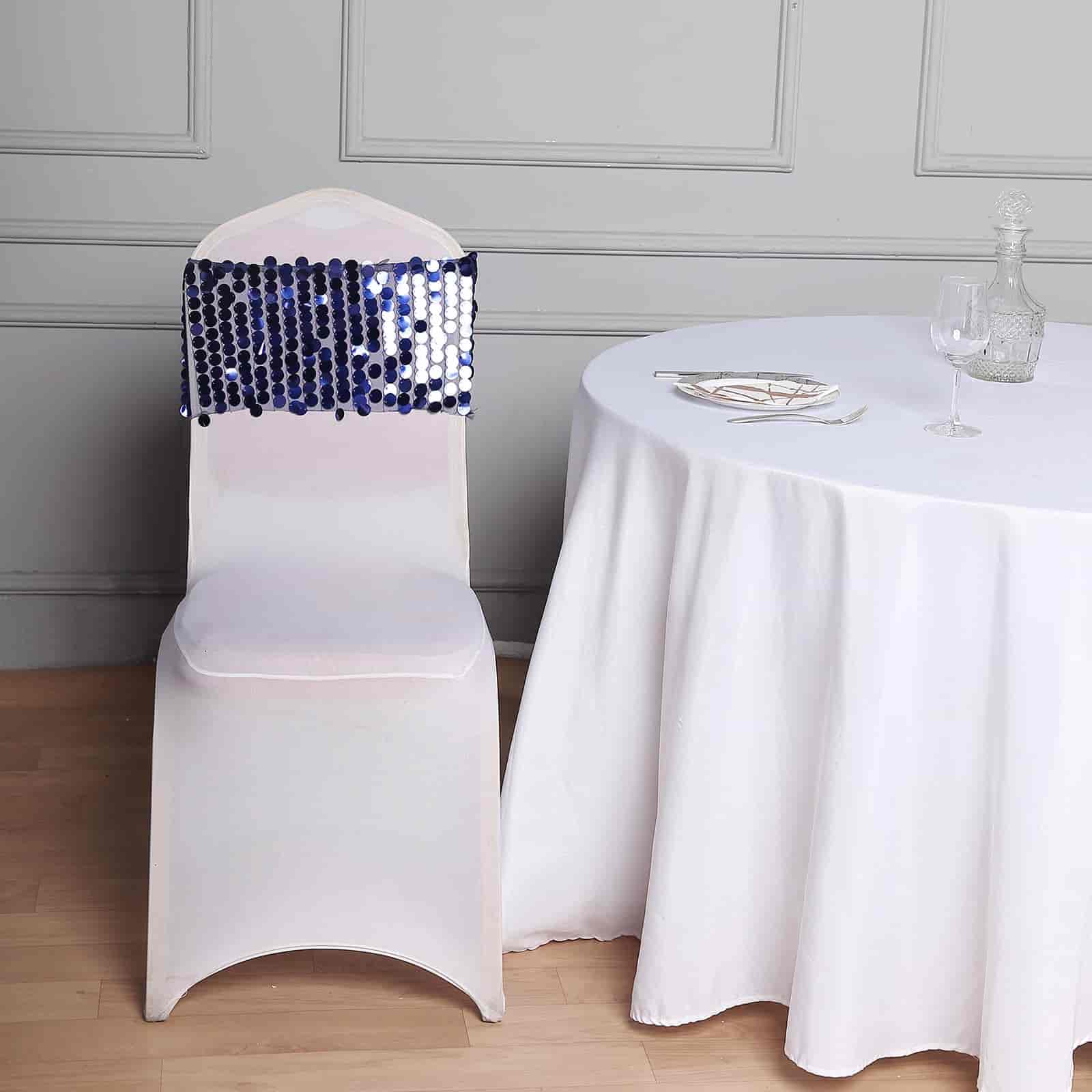 5 Pack Big Payette Sequin 13"x10" Chair Sash Bands Navy Blue - Stylish Glittering Decor for Weddings & Gatherings