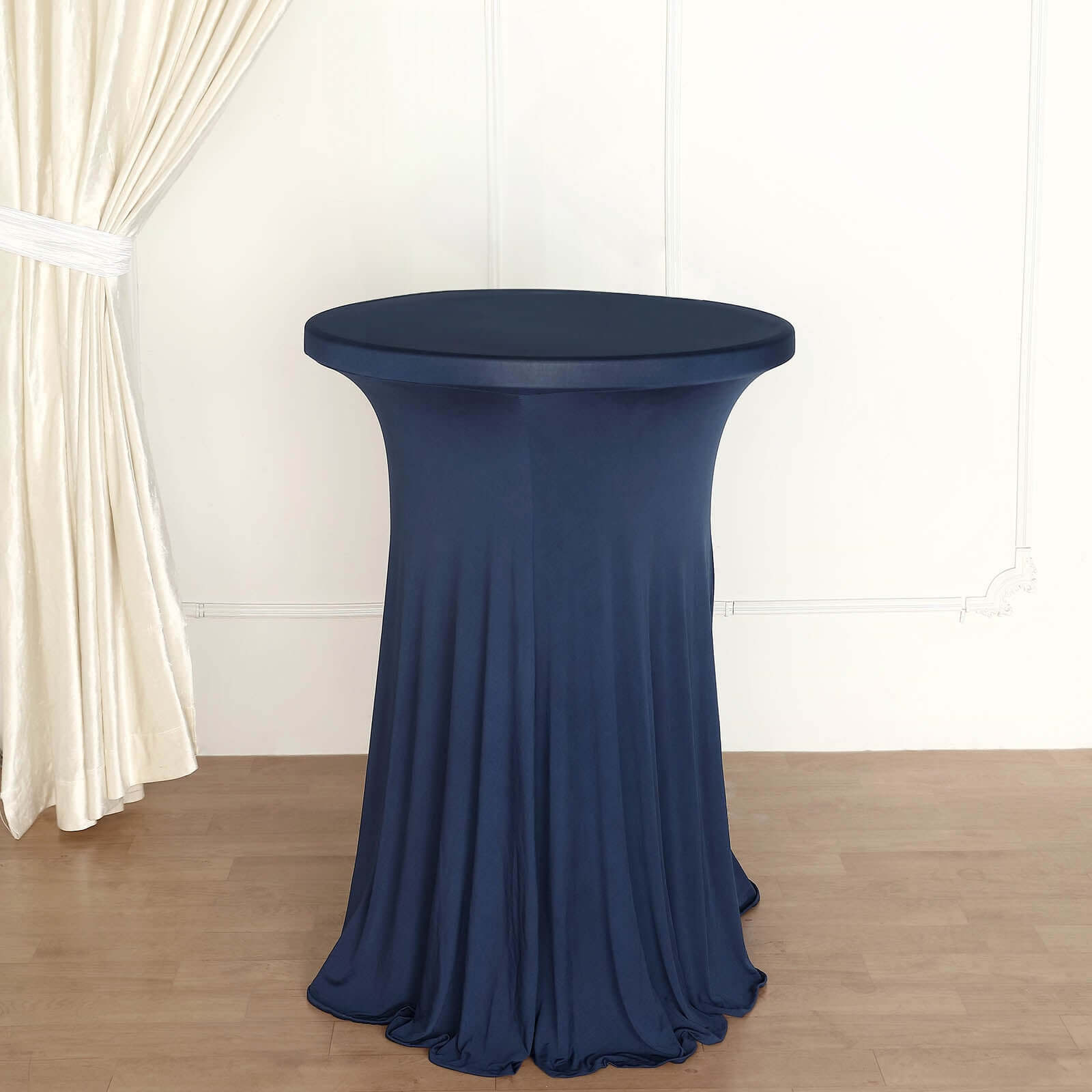 Spandex 32" Round Cocktail Table Cover Skirt Navy Blue With Natural Wavy Drapes