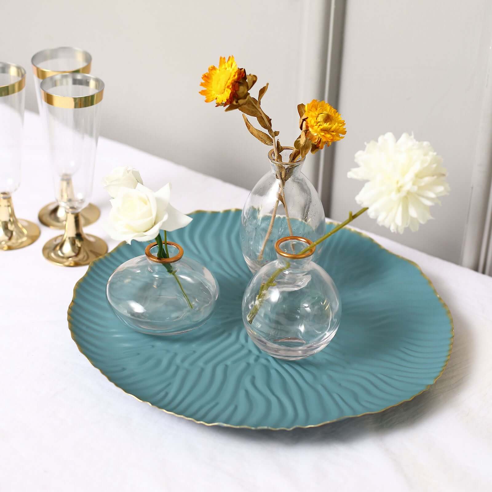 Metal Round Serving Tray 12" in Dusty Blue Floral Pattern with Gold Wavy Rim, Pedestal Dessert Display with Hairpin Legs