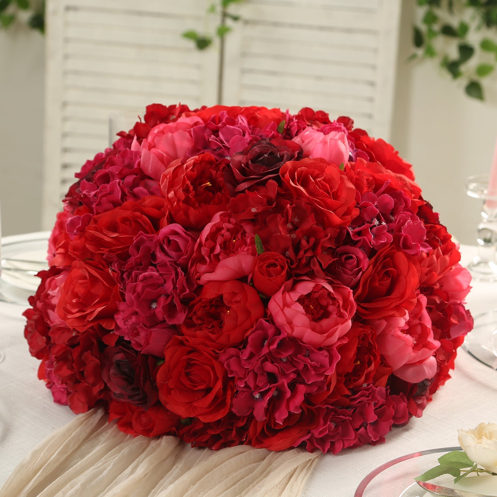 Pre-Arranged Silk Rose Bouquet Floral Arrangement Table Decor, Large Red Artificial Rose Flower Balls Wedding Centerpieces - 20"