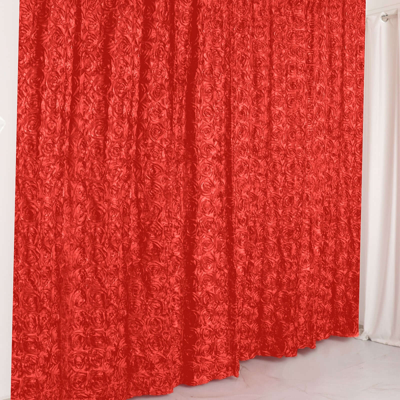 8ftx8ft Red Satin Rosette Event Curtain Drapes, Backdrop Event Panel