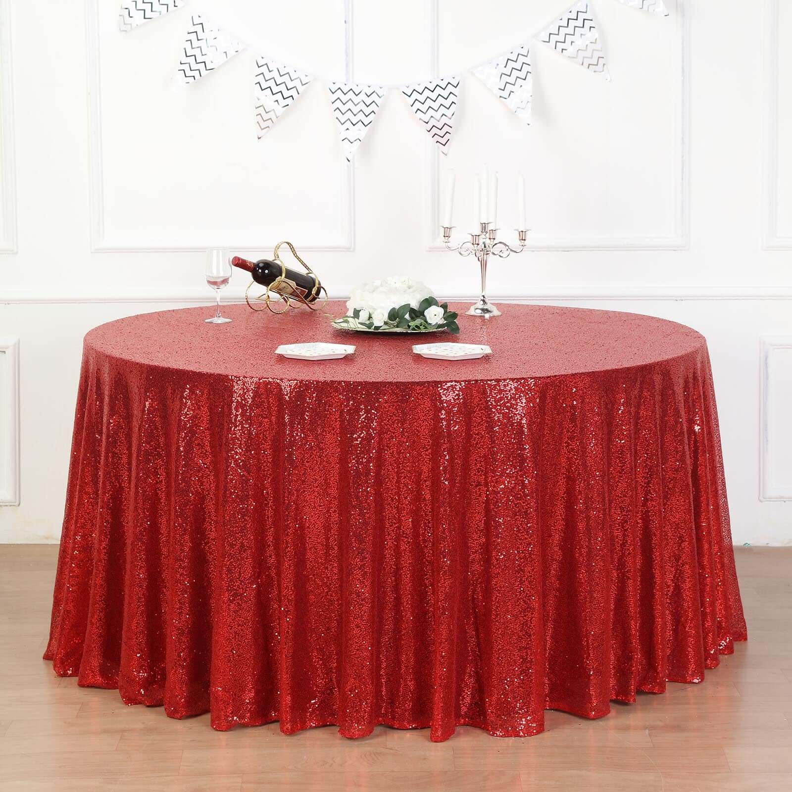 Sequin 132" Round Tablecloth Red - Seamless Dazzling Table Cover