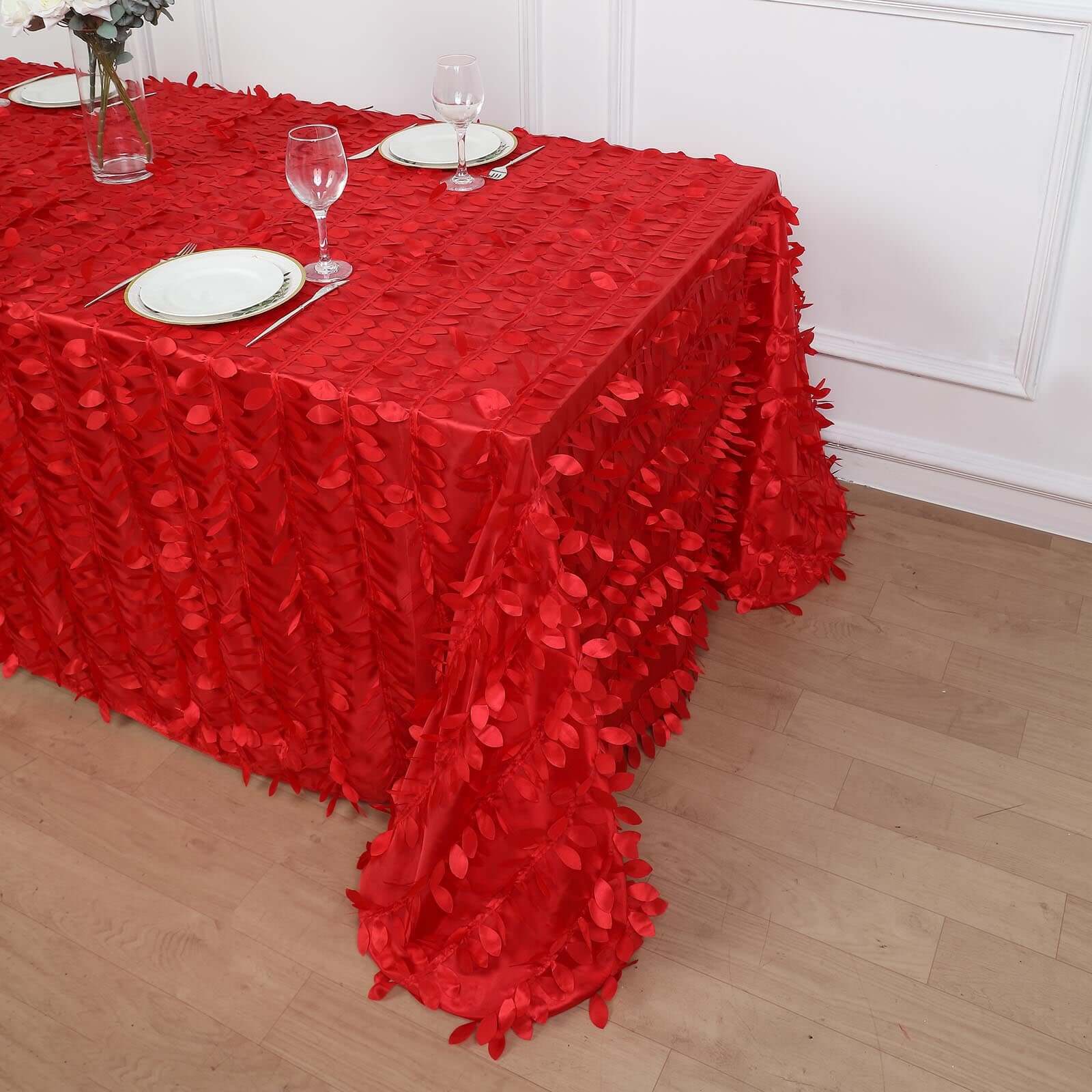 Taffeta 90"x132" Rectangle Tablecloth Red | 3D Leaf Petal Design Seamless Table Cover