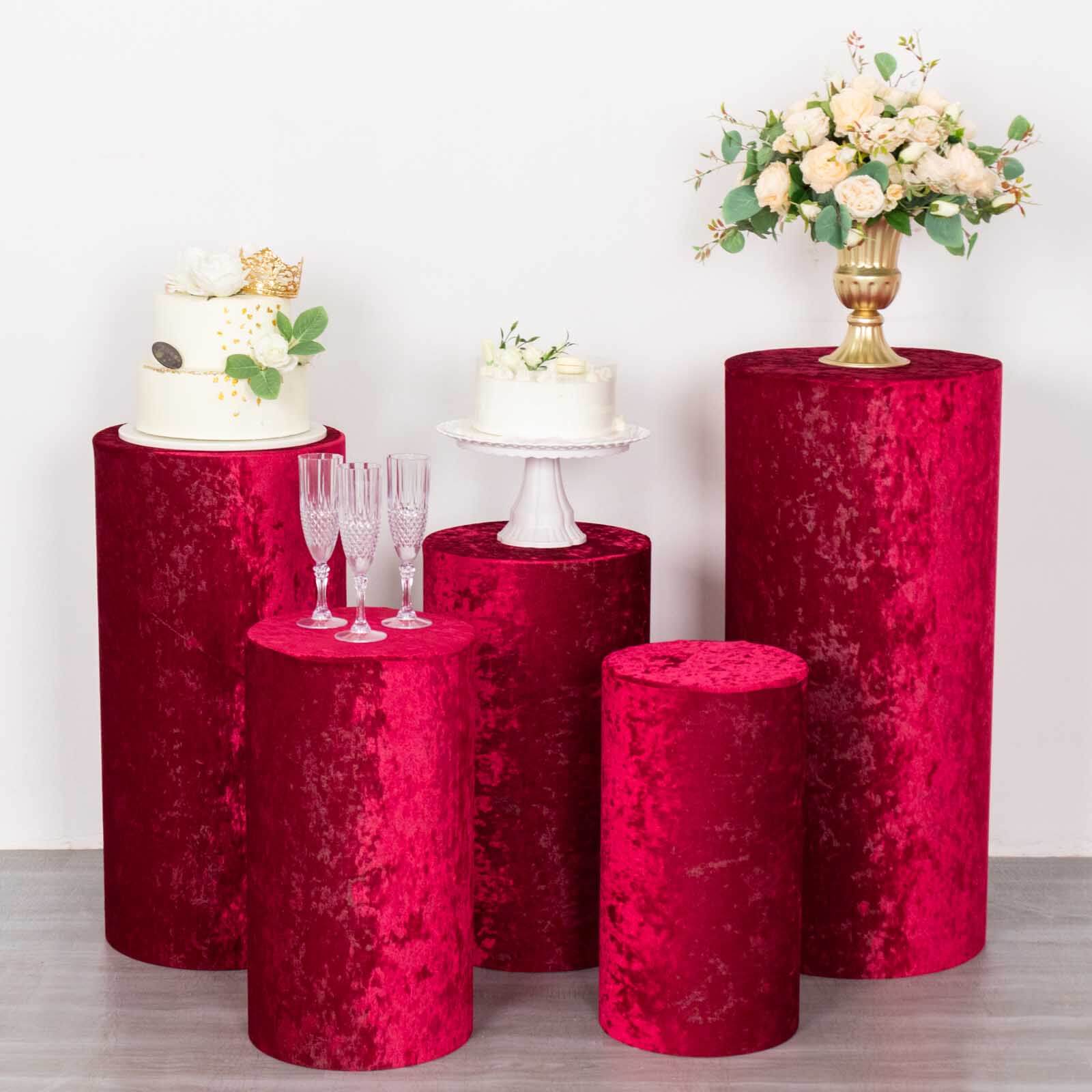 Set of 5 Red Crushed Velvet Cylinder Pedestal Stand Covers, Premium Pillar Prop Covers