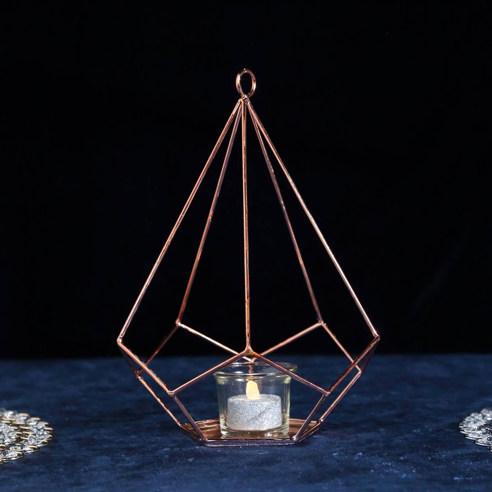 2-Pack Tealight Candle Holders Rose Gold Metal Pentagon Geometric Open Frame - Flower Stand 9"