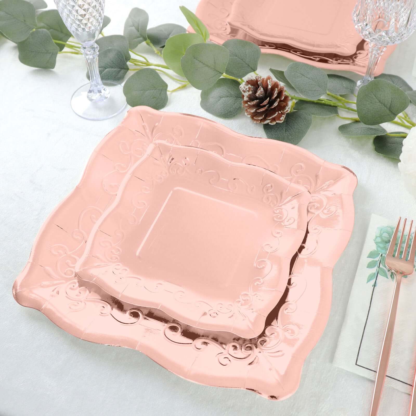 25-Pack Paper 11" Square Dinner Plates in Blush Rose Gold with Vintage Pottery Embossed Design - Shiny Metallic Disposable Serving Plates