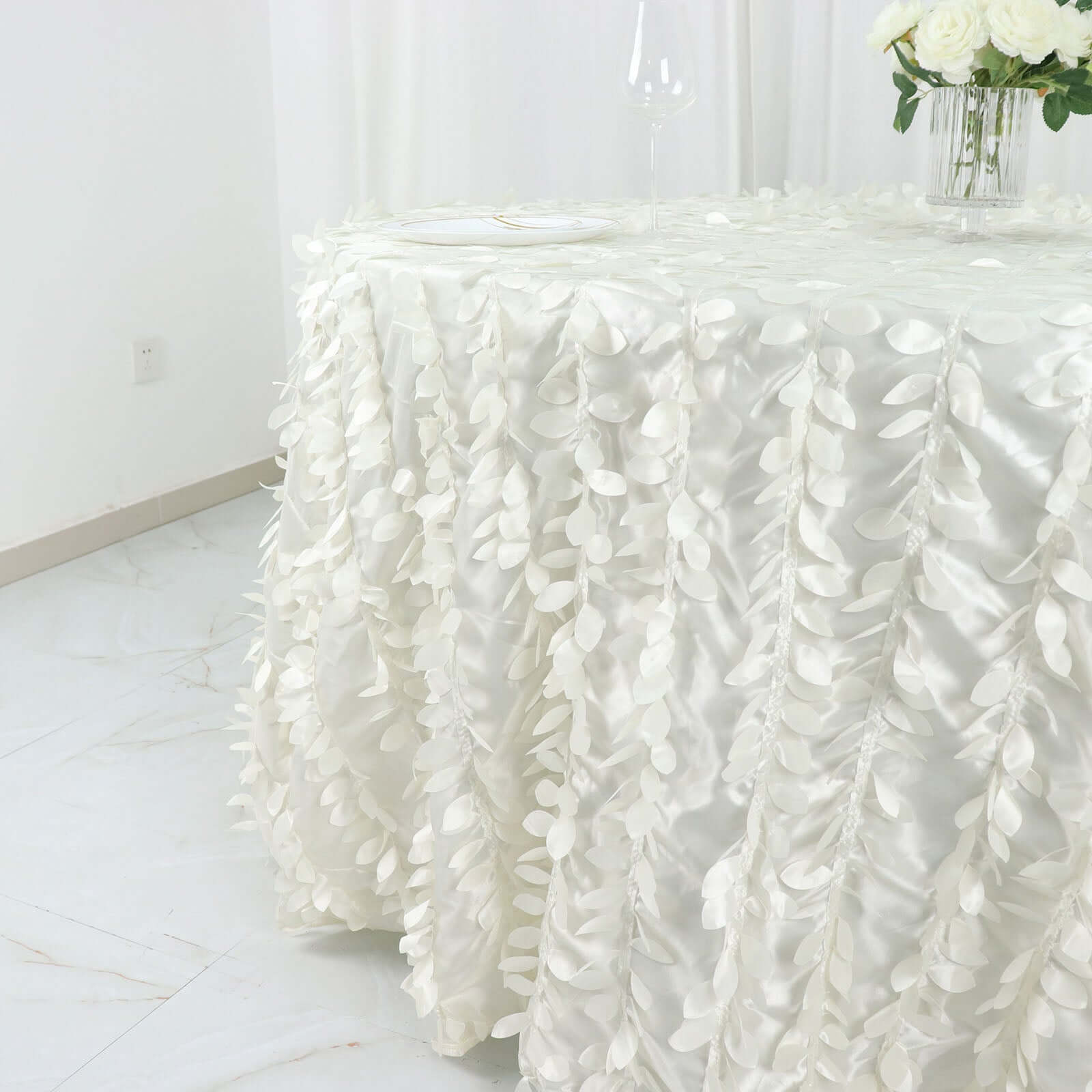 Taffeta 132" Round Tablecloth Ivory Leaf | 3D Leaf Petal Design Seamless Table Cover