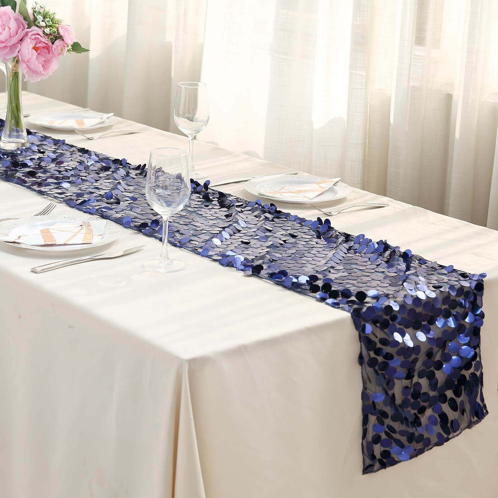 Big Payette Sequin 13"x108" Table Runner Navy Blue - Dazzling Design