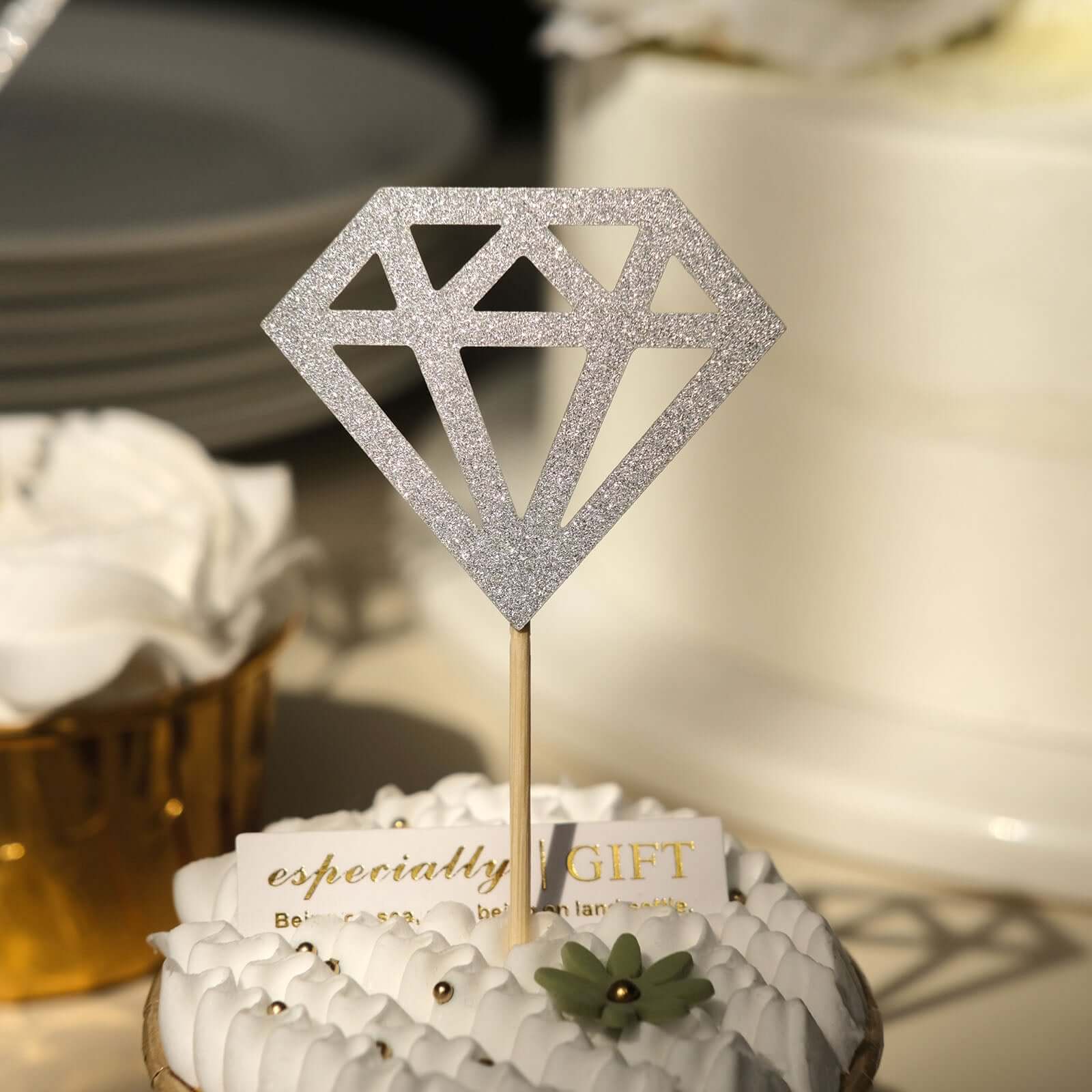 24-Pack Cupcake Toppers Diamond Ring Design Glitter Silver - Party Cake Picks Engagement Decoration Supplies