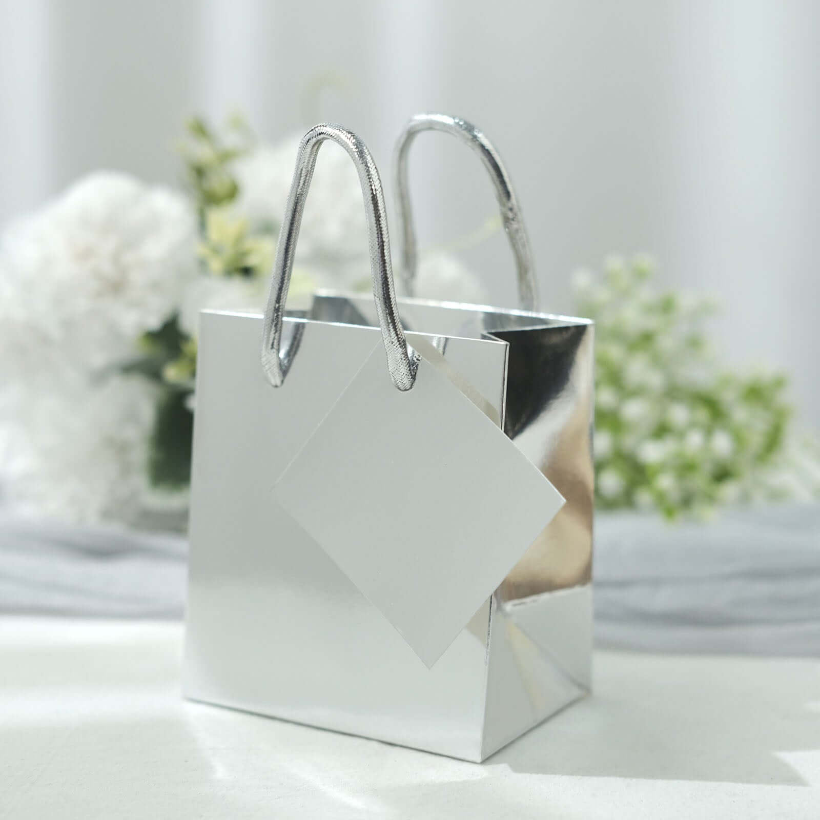 12 Pack 5" Shiny Metallic Silver Foil Paper Party Favor Bags With Handles, Small Gift Wrap Goodie Bags