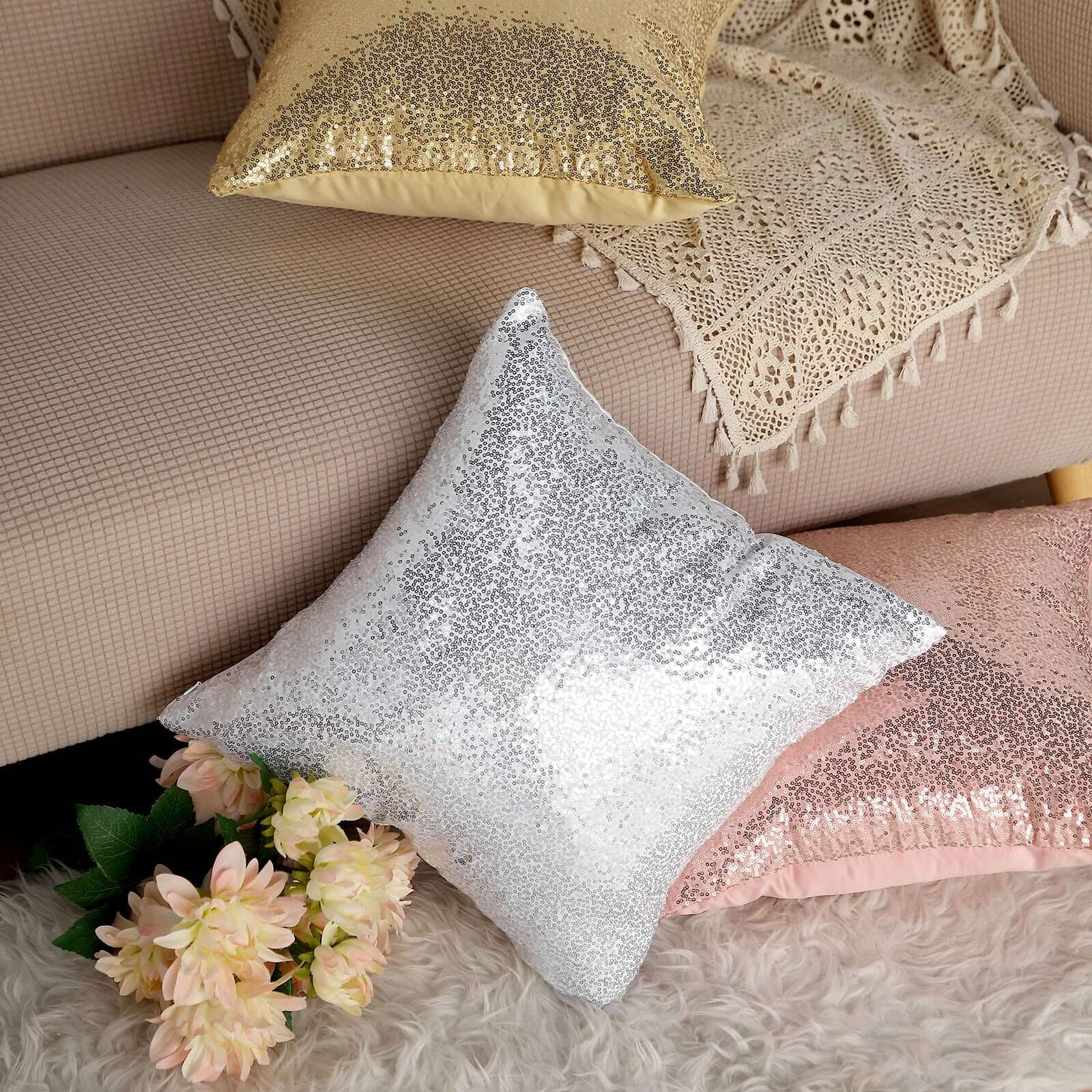 2 Pack 18" Silver Sequin Decorative Square Throw Pillow Cover