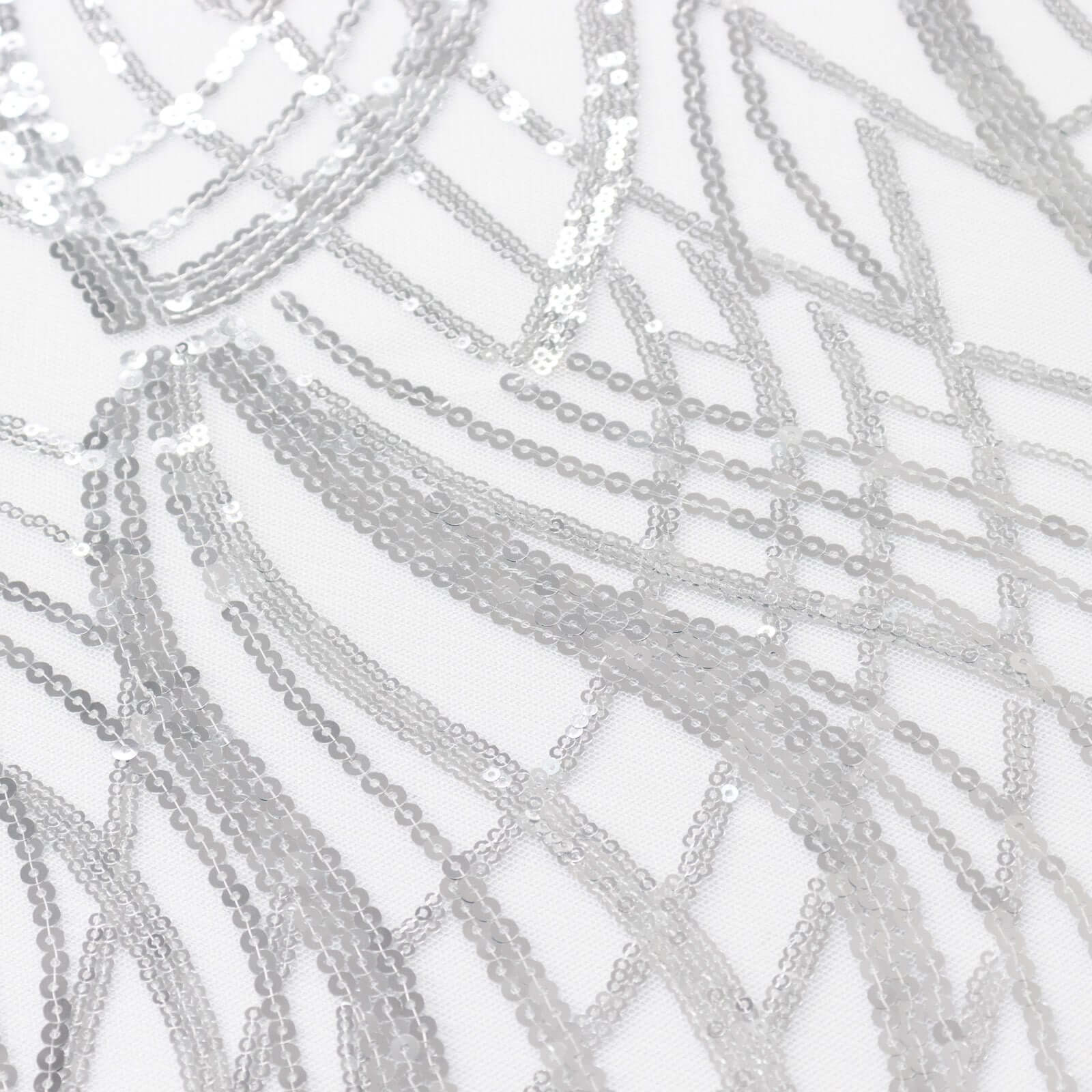 Sequin Mesh 120" Round Tablecloth Silver - Seamless Wave Embroidered Table Cover