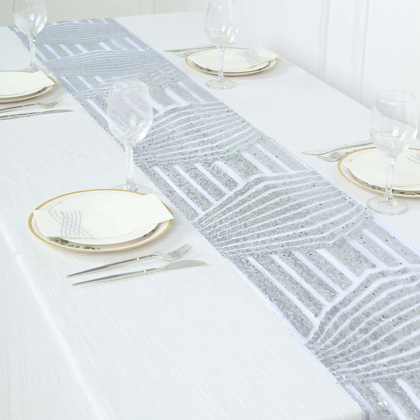 Sequin 12"x108" Table Runner Silver - Diamond Glitz Design