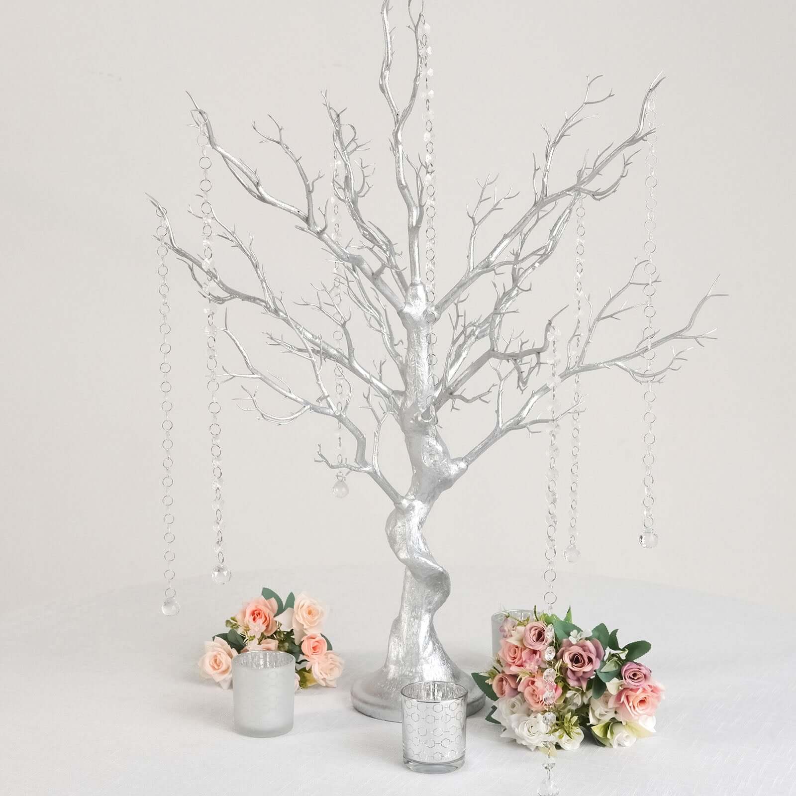 Manzanita Tree Centerpiece Metallic SIlver with 8 Acrylic Bead Chains - Easy Assembly Decorative Artificial Tree for Modern Weddings Parties & Event Displays 34"