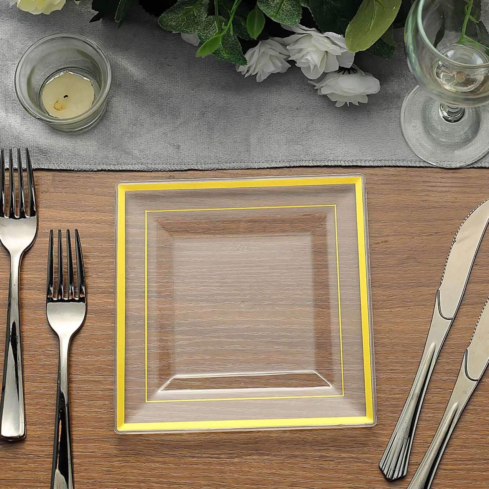 10-Pack Plastic Salad Dessert Plates Clear Square with Gold Trim - Durable Disposable Appetizer Plates 7"