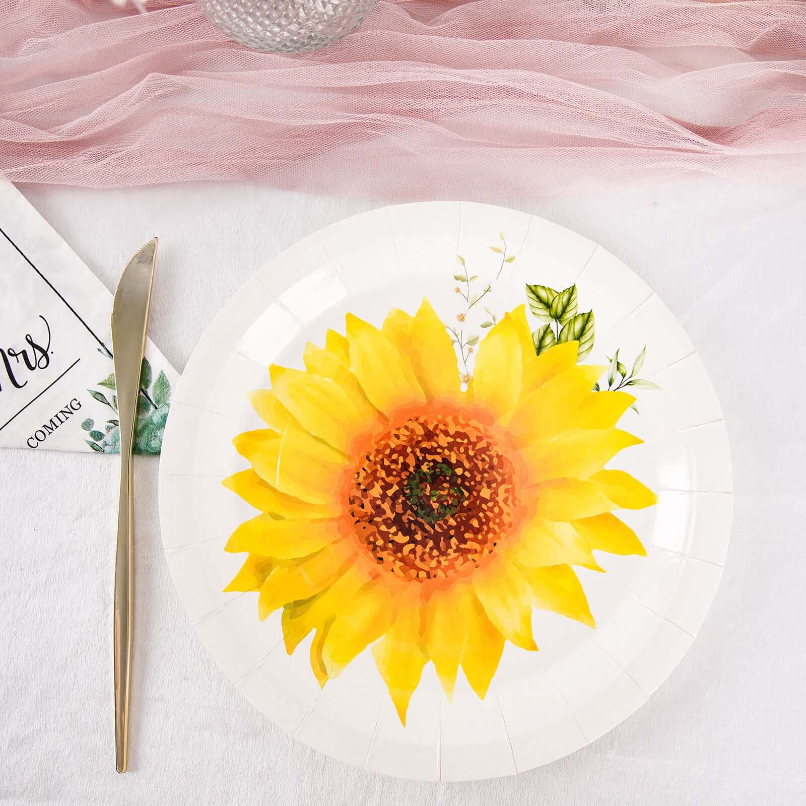 25-Pack Paper 9" Round Dinner Plates in White with Sunflower Design - Disposable Party Plates for Rustic Events & Garden Themes