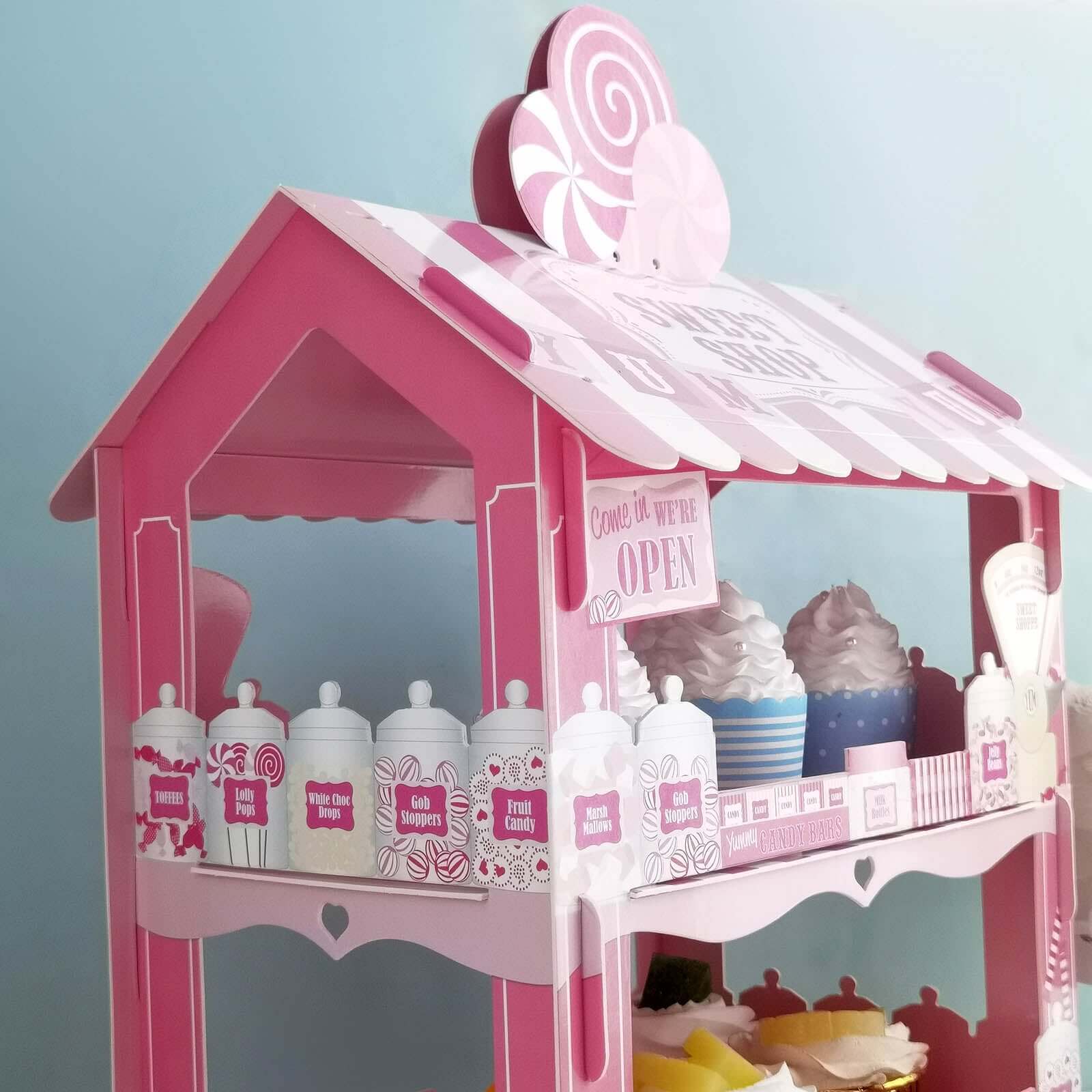 2-Tier Cardboard Cupcake Stand with White/Pink Sweet Shop Design - Colorful Candy Themed Dessert Cart Display for Pastries & Treats 18"