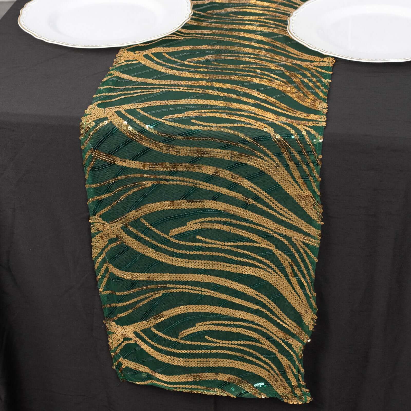 Sequin Mesh 12"x108" Table Runner Hunter Emerald Green Stylish Wave Embroidery