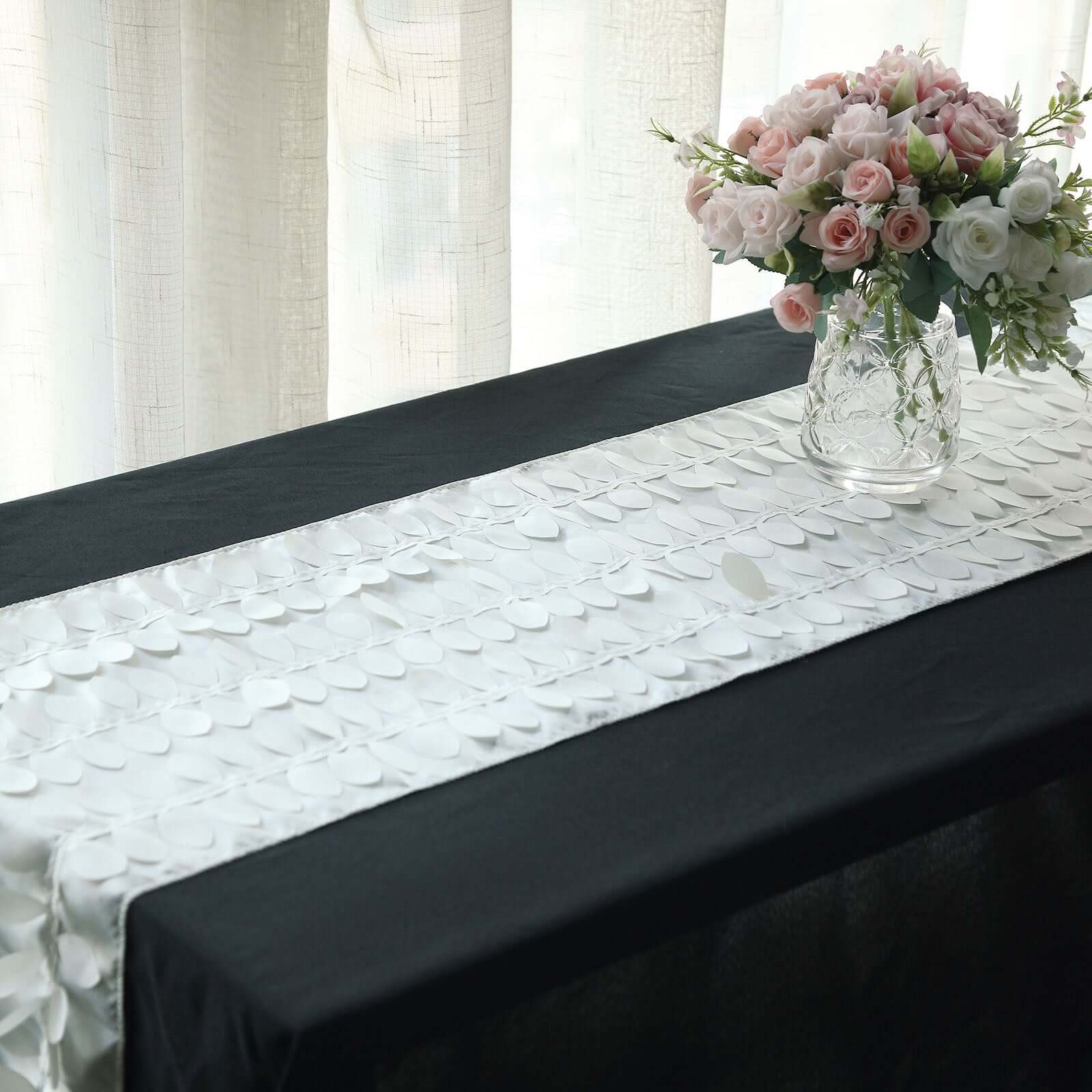 Taffeta Fabric 12"x108" Table Runner Ivory - 3D Leaf Petal Design