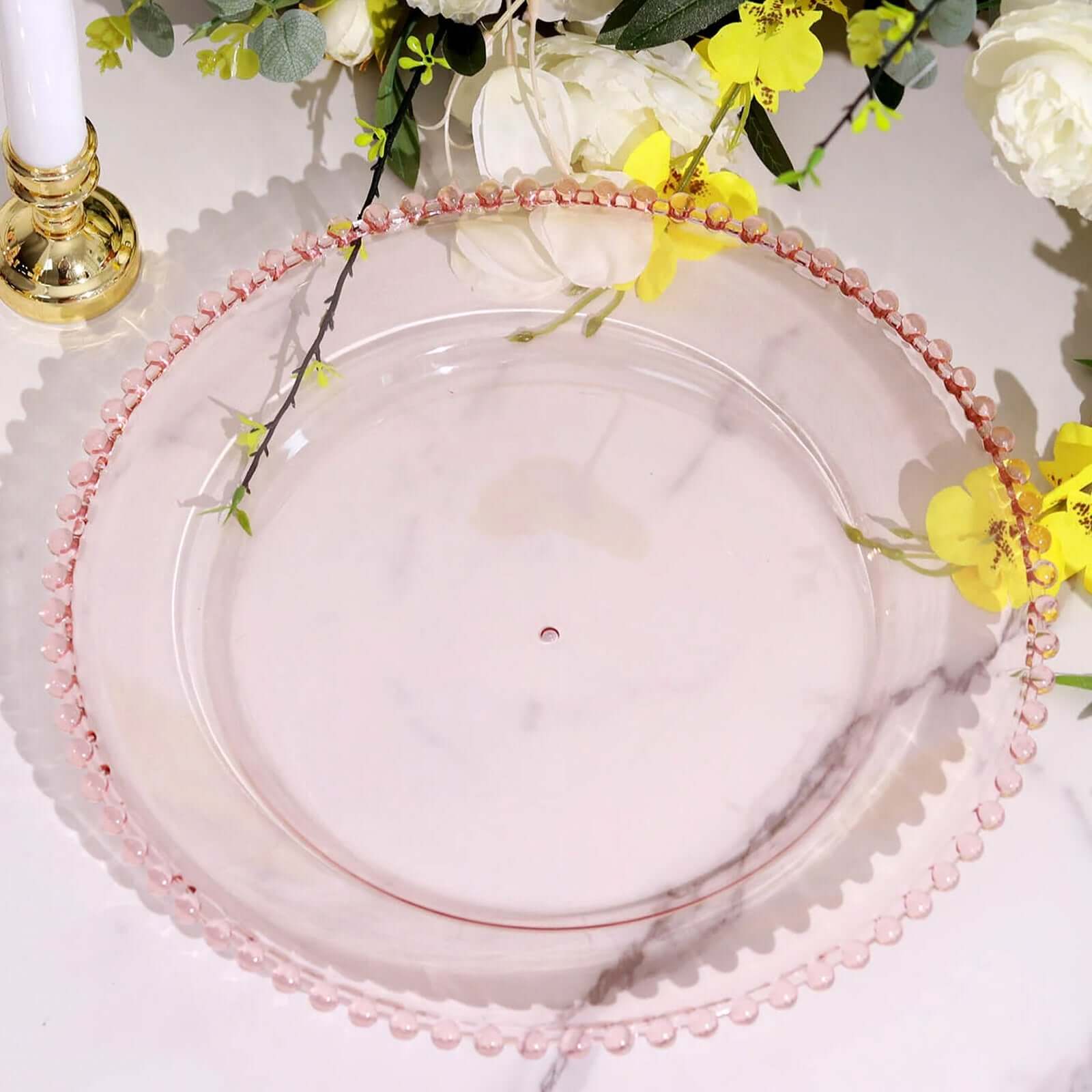 6-Pack Acrylic Round Charger Plates 13" in Transparent Blush with Beaded Rim, Decorative Dinner Party Serving Plates