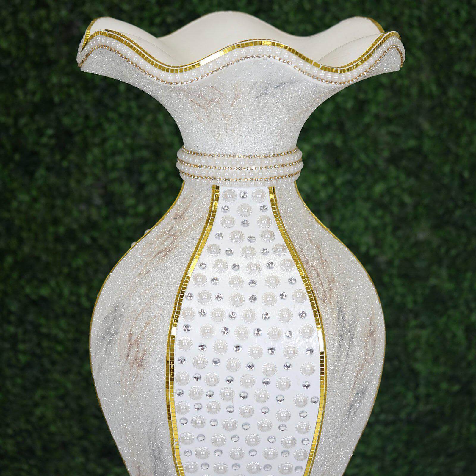 40" Shimmering Gold Glittered Marble Design Flower Pot Vase With Pearls and Mirror Mosaic Embellishment