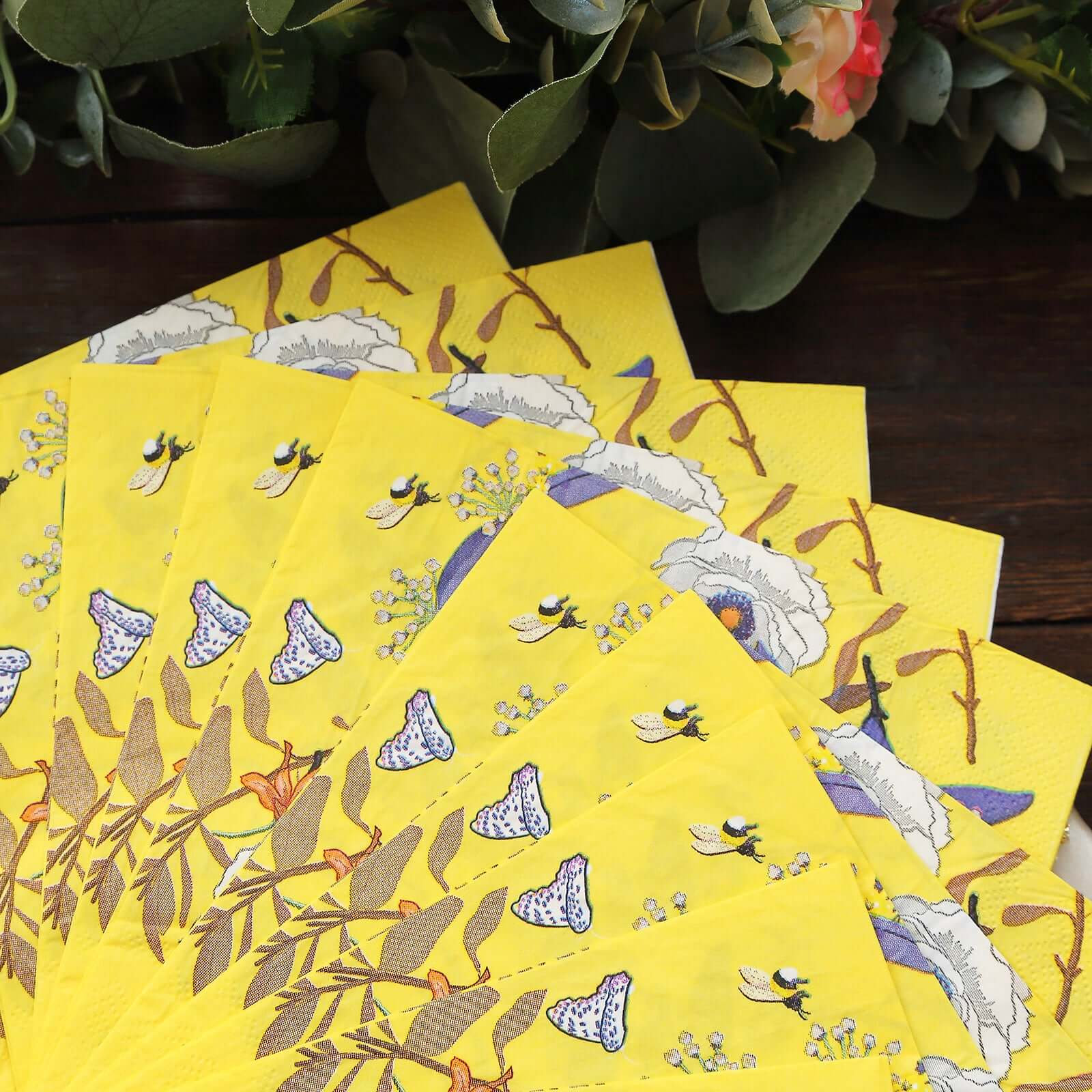 50-Pack Paper Beverage Napkins with Blooming Flowers Design Yellow - 2 Ply Soft 18GSM Floral Wedding Napkins 6.5"x6.5"