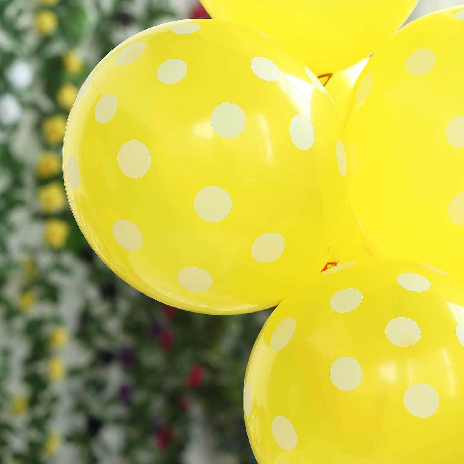 25 Pack 12" Yellow and White Fun Polka Dot Latex Party Balloons