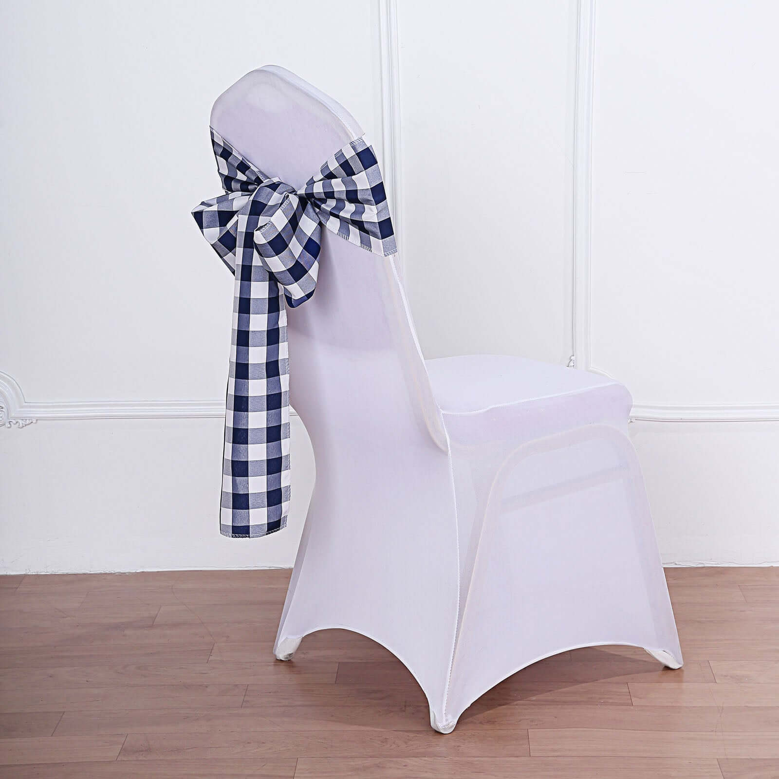 5 Pack Polyester Chair Sashes Navy Blue/White Buffalo Plaid - Durable & Reusable Chair Bows 6"x108"