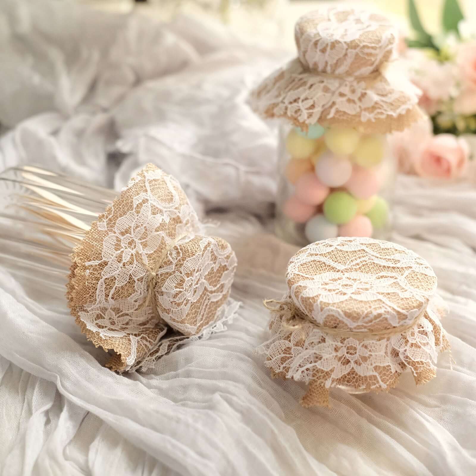 Set of 6 Mason Jar Lid Covers Rustic Burlap/White Lace Fabric Design with Jute String - Scalloped Edge Natural Linen Favor Covers 6"