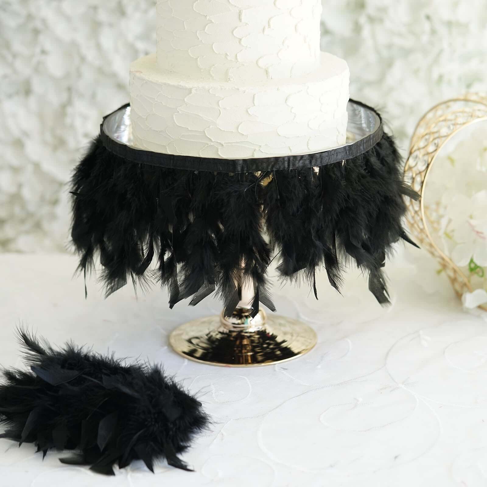 39" Black Real Turkey Feather Fringe Trim With Satin Ribbon Tape