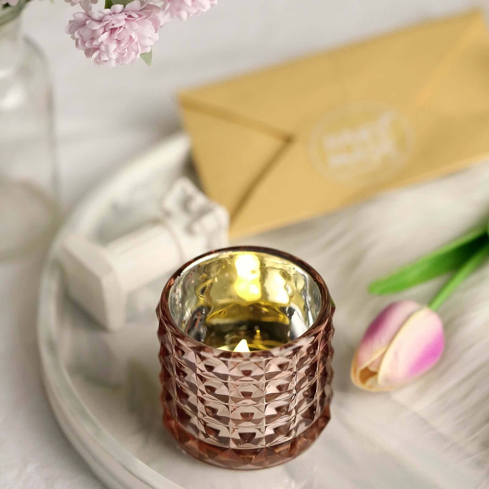 6-Pack Mercury Glass Votive Holders Studded Faceted Design Rose Gold - Tealight Candle Holders 3"