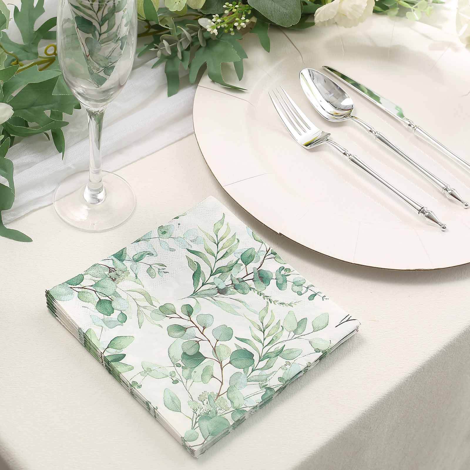 50-Pack Paper Beverage Napkins with Green Foliage Eucalyptus Leaves Design - 2 Ply Soft 18GSM Boho Wedding Napkins 6.5"x6.5"