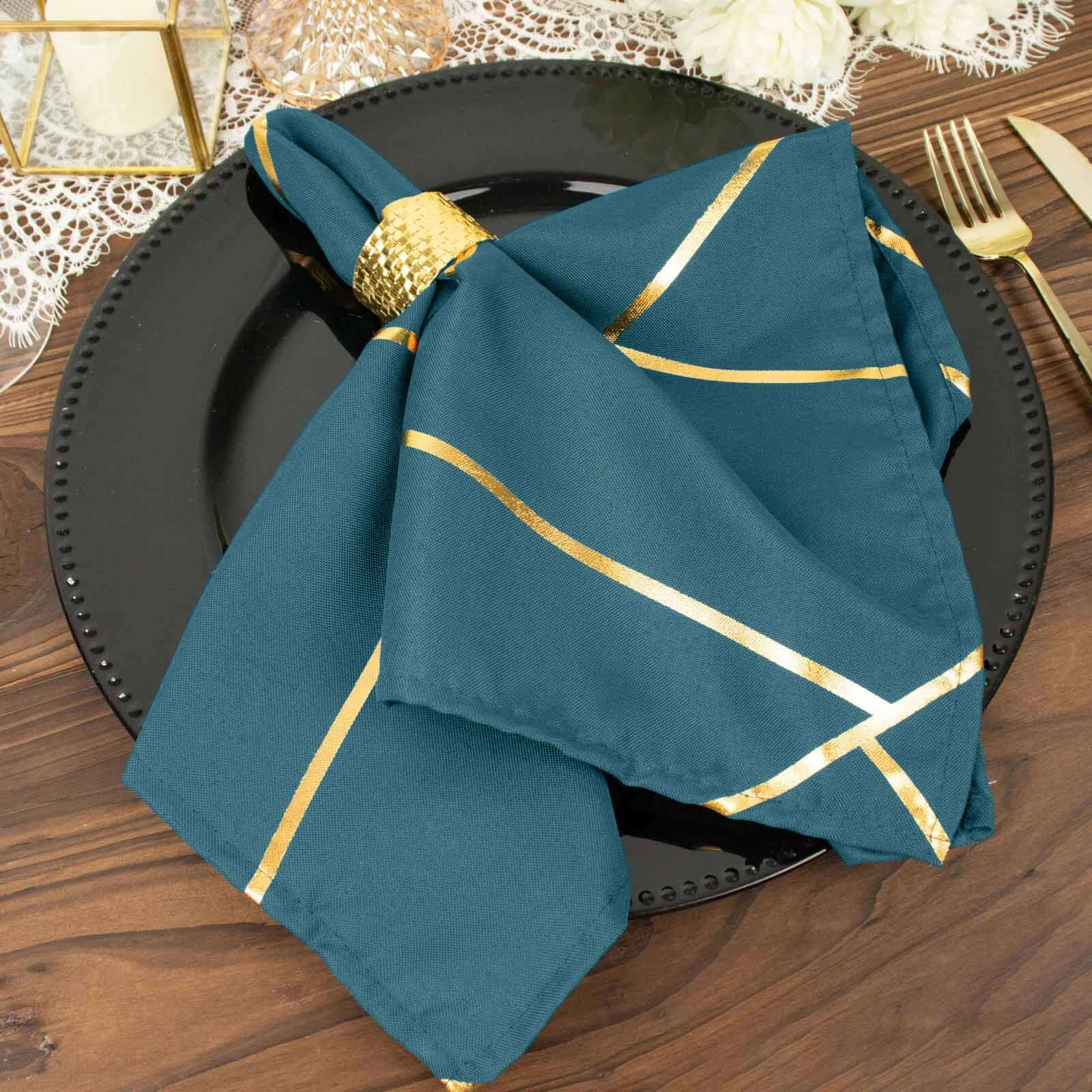 5 Pack Polyester 20"x20" Napkins Peacock Teal with Gold Geometric Foil Pattern - Modern Reusable Dinner Napkins