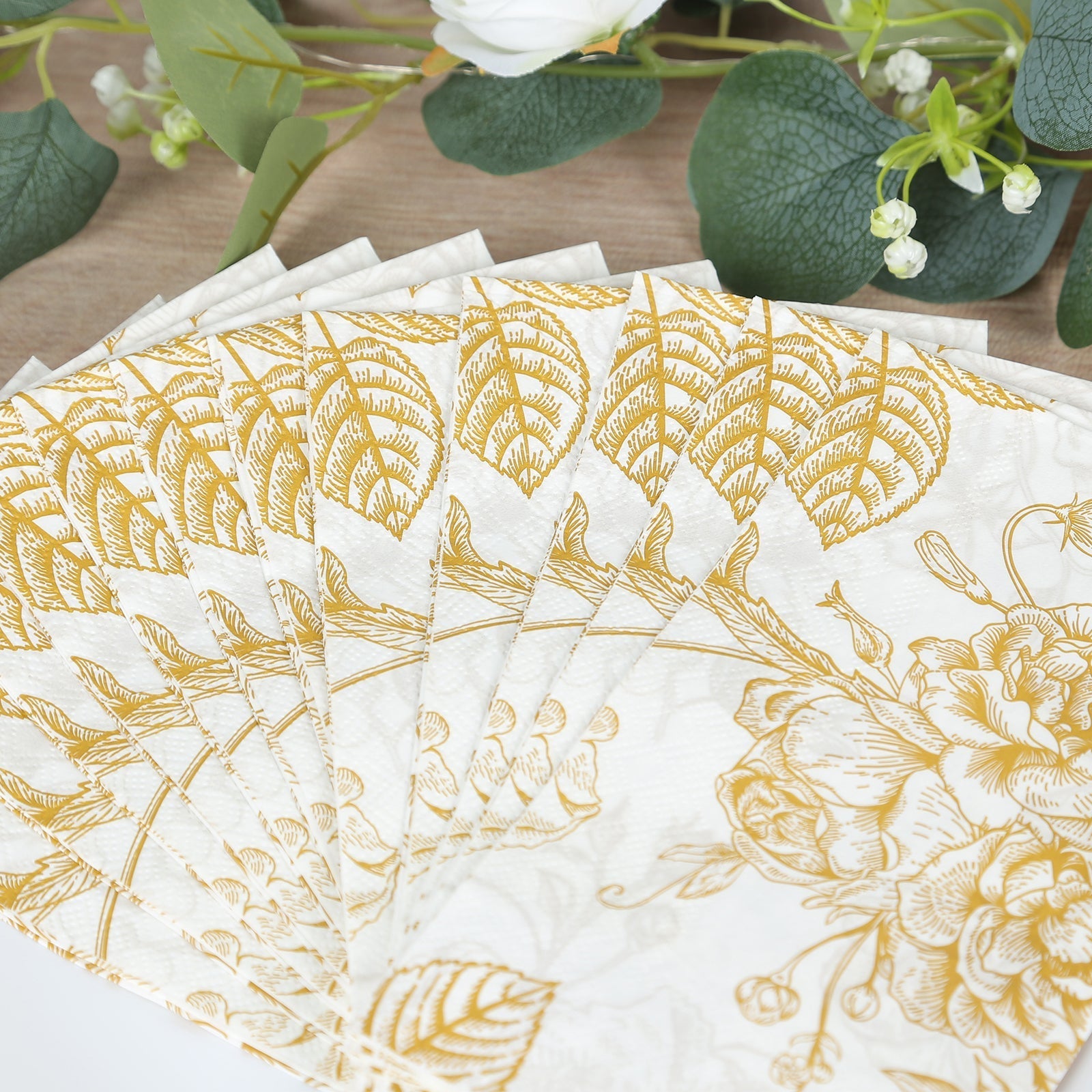 50-Pack Paper Dinner Napkins White with Gold French Toile Floral Pattern 2-Ply - Stylish Disposable Napkins for Events