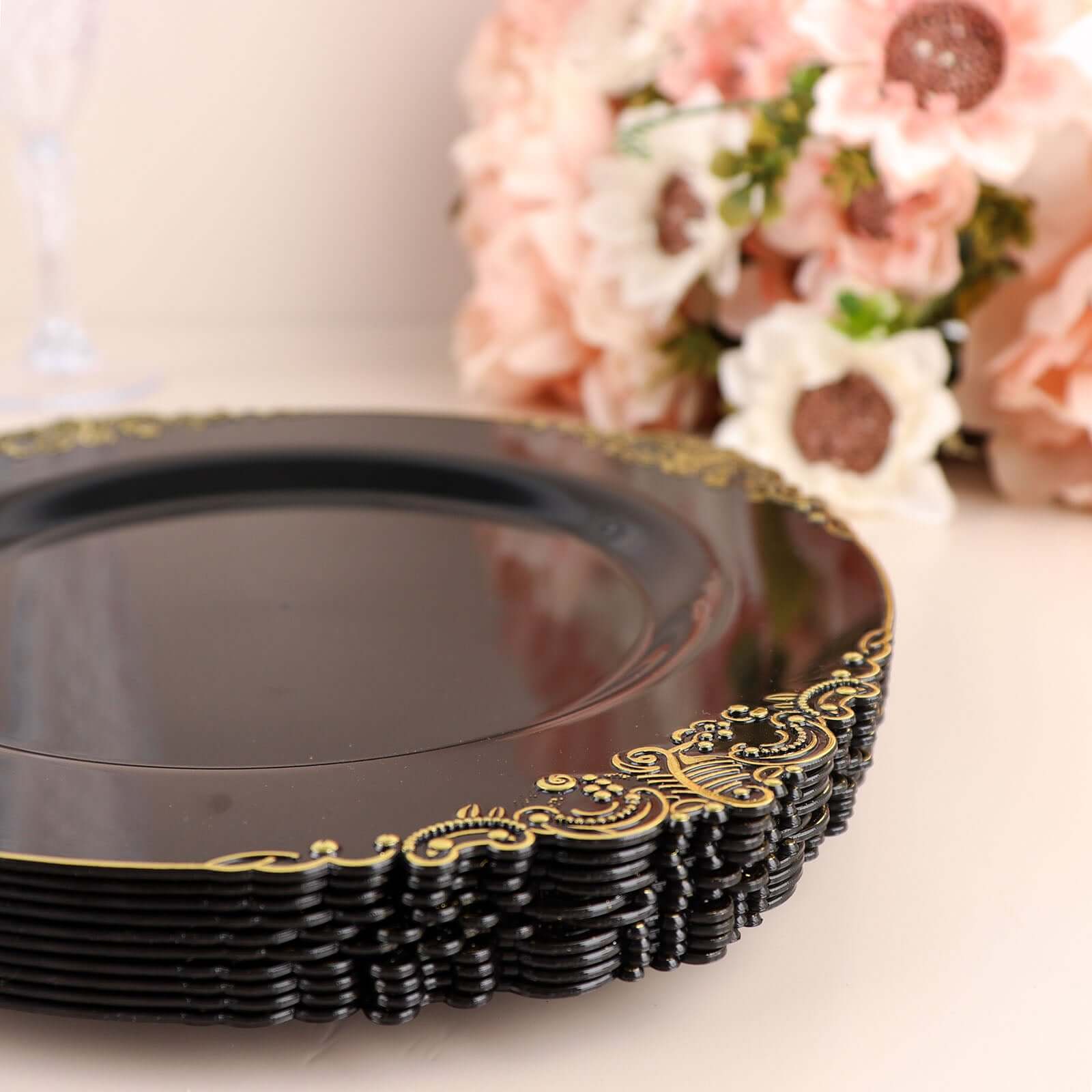 10-Pack Plastic 8" Round Dessert Plates in Black with Gold Leaf Embossed Rim - Disposable Vintage Baroque Style Salad Plates
